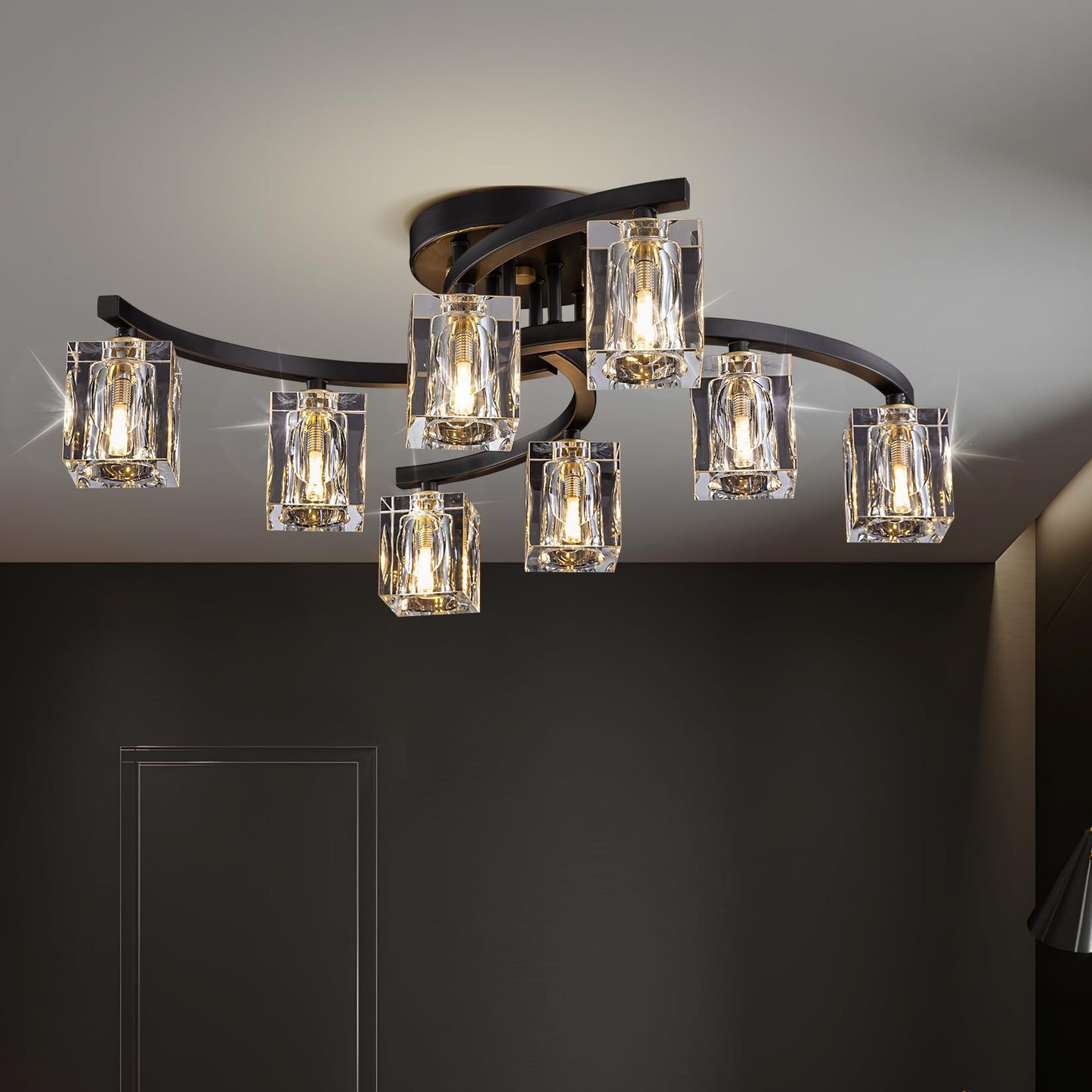 Crystal Ceiling Light, Modern Black and Gold Ceiling Lamp, 8 Lights Design, K9 Crystal Chandelier, Semi-Flush Luxury Ceiling Light for Bedroom, Living Room and Dining Room