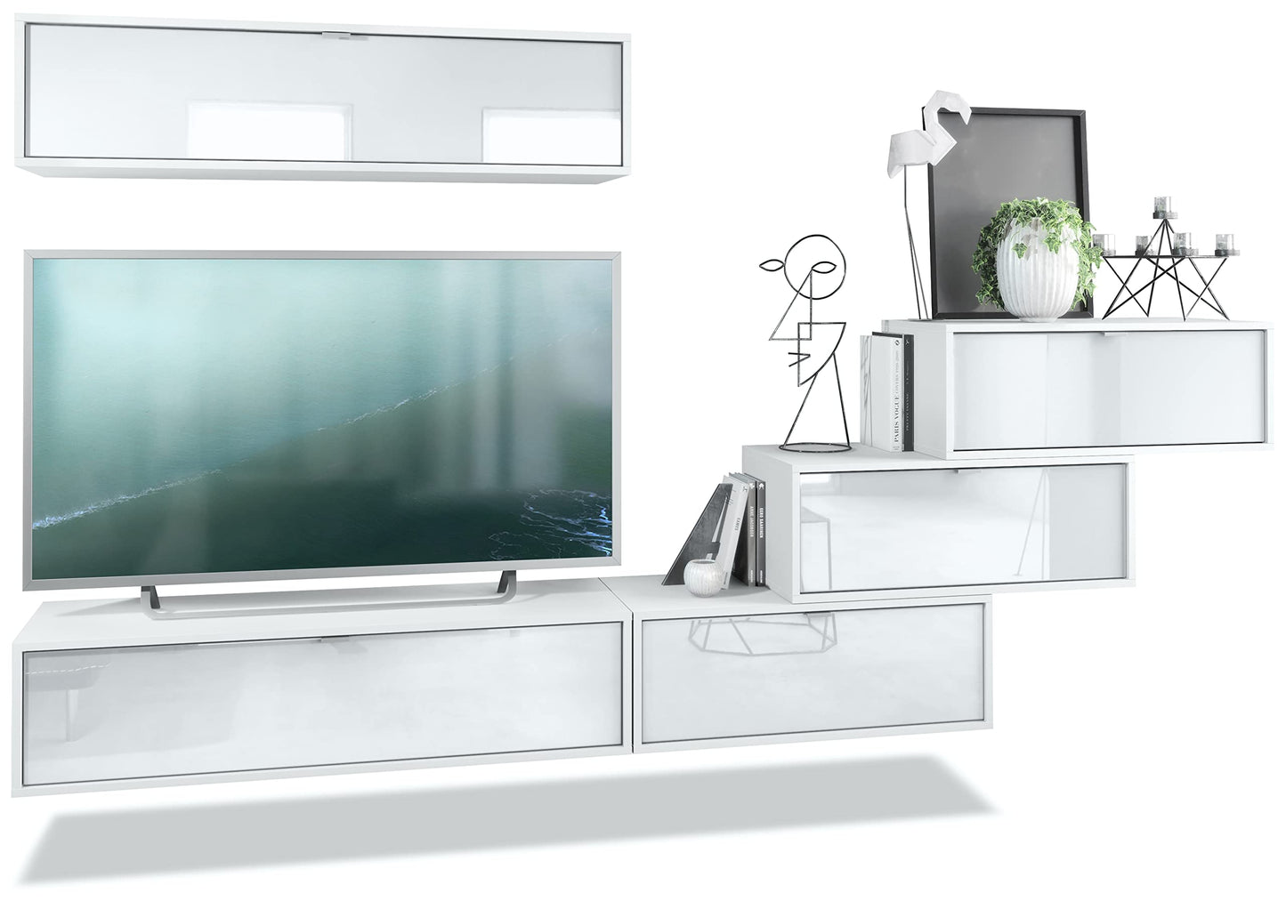 Vladon Lana V1 Wall Unit Made of 5 Hanging Elements with 12 Compartments, Made in Germany, Body in Matte White, Fronts in Bordeaux High Gloss, Large Choice of Colours
