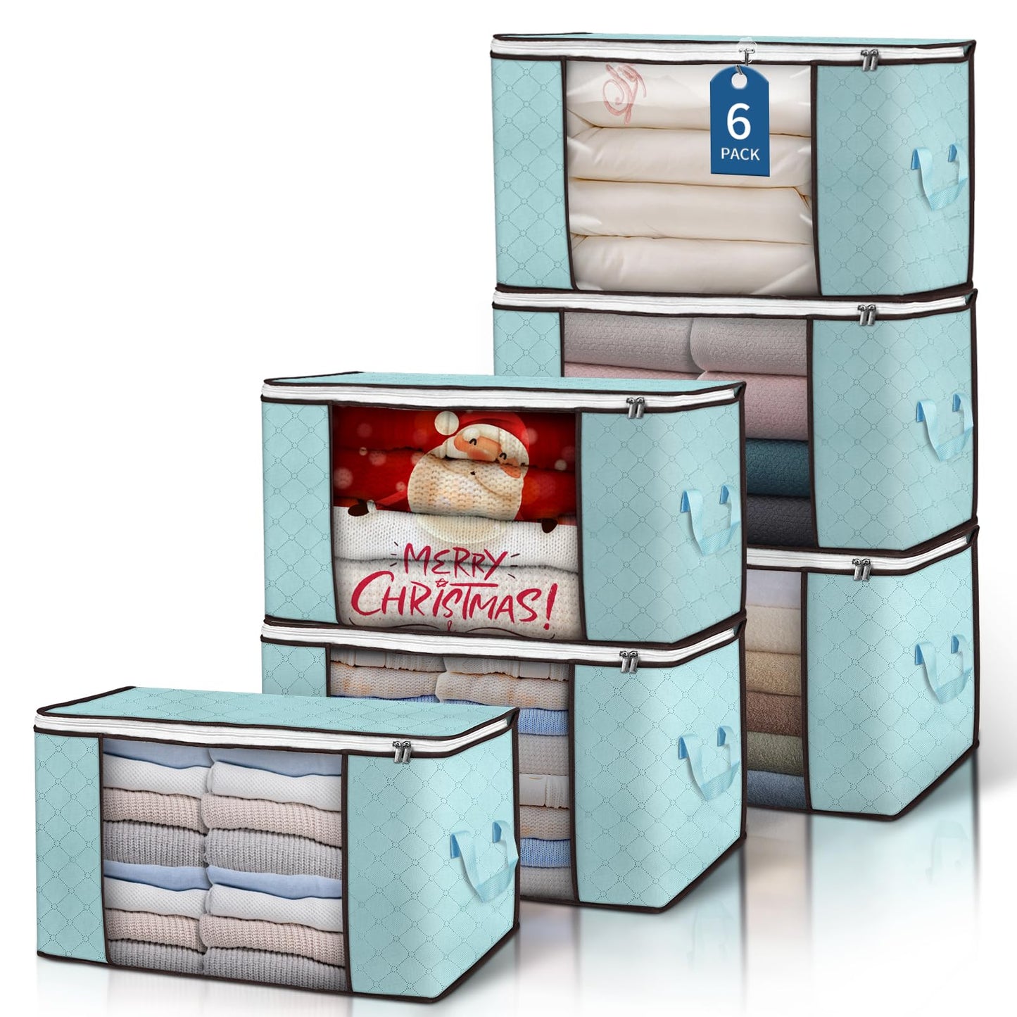 Budding Joy Pack of 6 90 L Storage Bags, Storage Boxes with Lid, Large, Clothes Storage, Moving Boxes, Foldable Underbed Wardrobe for Clothes, Duvets and Bedding, Grey