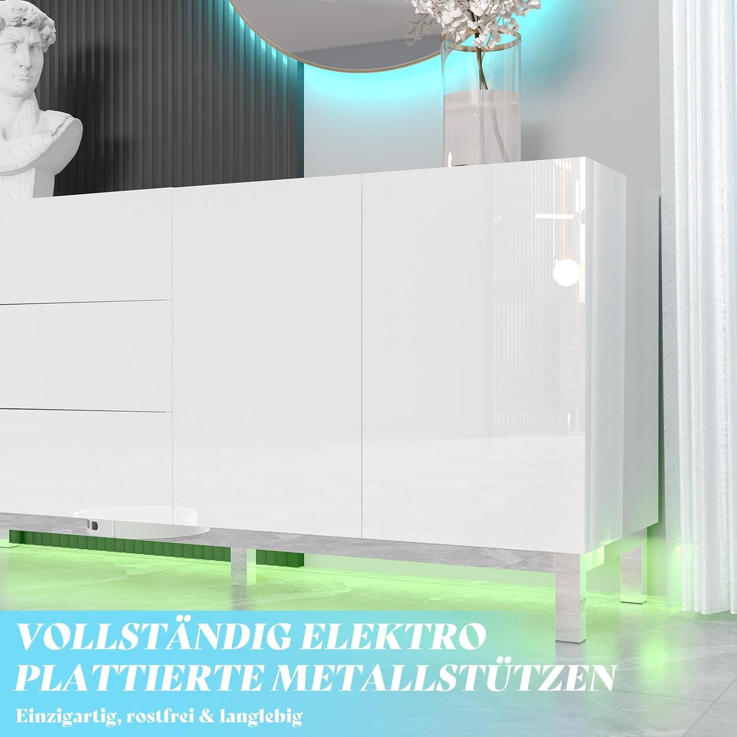 Sideboard High Gloss White with LED, Modern Sideboard with 2 Doors and 3 Drawers, Living Room, Chest of Drawers with Electro-Chromed Accents, 160 x 76 x 40 cm