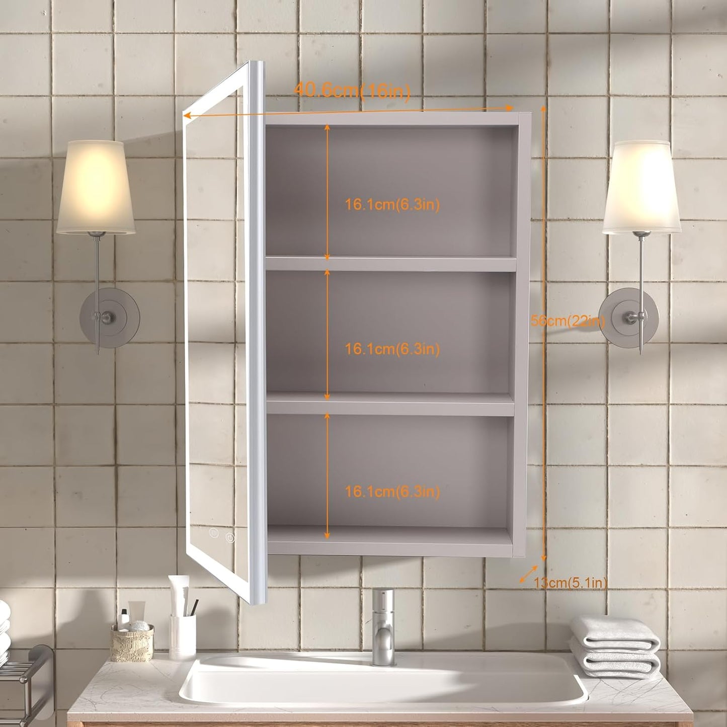 Aovquof Mirror Cabinet with Lighting - 90 x 60 cm Bathroom Mirror Cabinet with Storage Space, Bathroom Mirror Cabinet with Adjustable Dimmable LED Lights with Demist Function, Modern Cream Colour