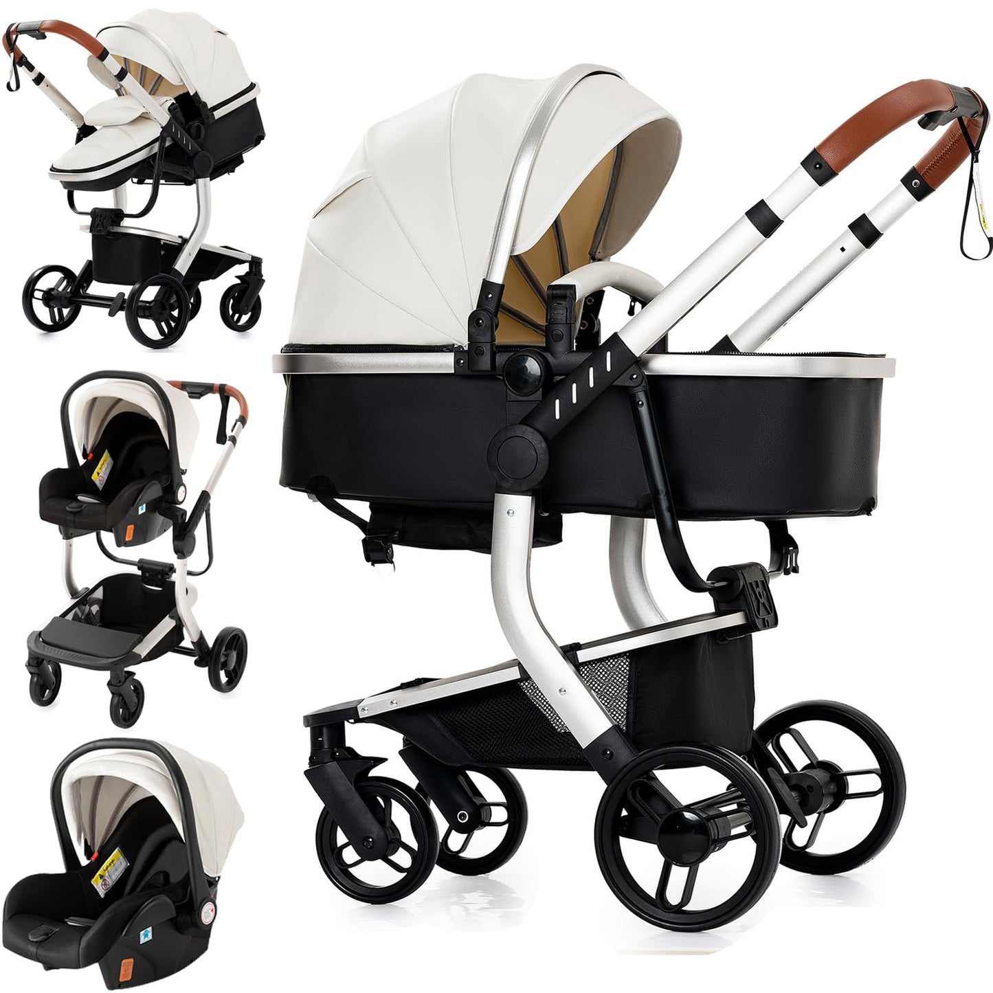 PU Leather Pushchair 3-in-1, Buggy with One-Click Folding Design, Pushchair with Two Reversible Sliding Modes, Combination Pushchair 3-in-1 Complete Set Frame Aluminium Alloy (518 Black)
