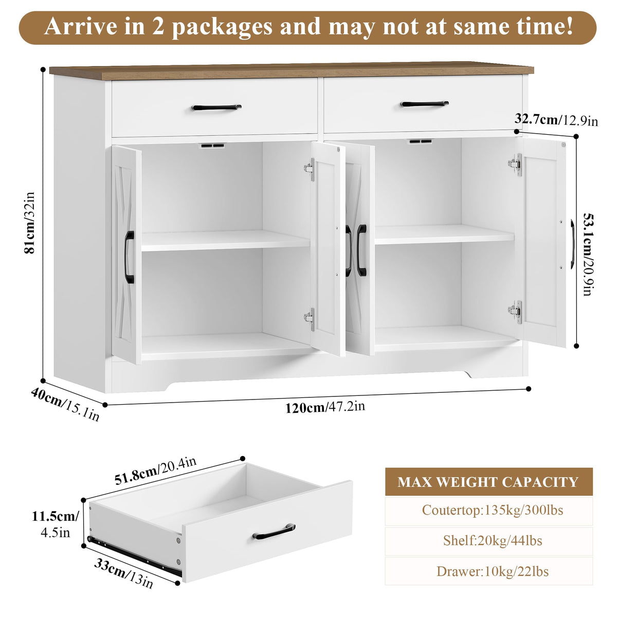 HOCSOK Sideboard, 120 cm Wide Kitchen Cabinet with Worktops, Kitchen Buffet Storage Cabinet with 2 Drawers and 4 Doors, Living Room, Kitchen, Hallway, White & Brown