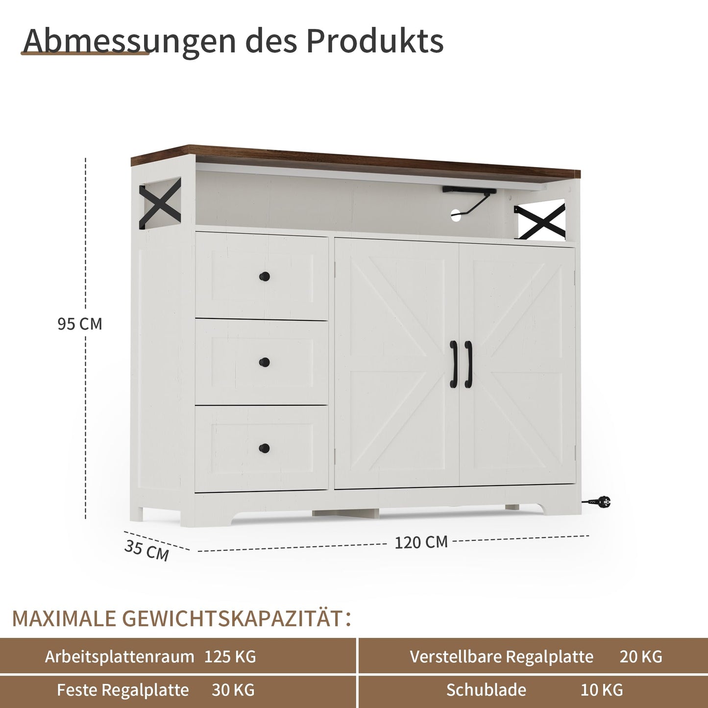 Kitchen Cabinet, Sideboard with Drawers and Open Shelf, Sideboard, Kitchen Cabinet, Coffee Bar Cabinet for Kitchen, Dining Room, Living Room, 120 x 35 x 95 cm, White