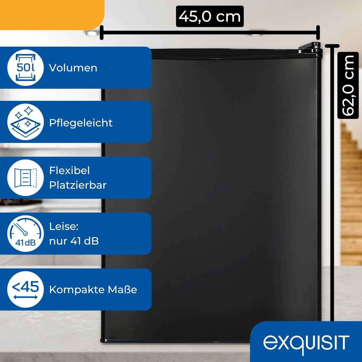 Exquisit KB560-V-091E Mini Fridge, Fridge without Freezer, 50 Litres, 45 cm Width, LED Interior Lighting, Temperature Control, Small Fridge, Black