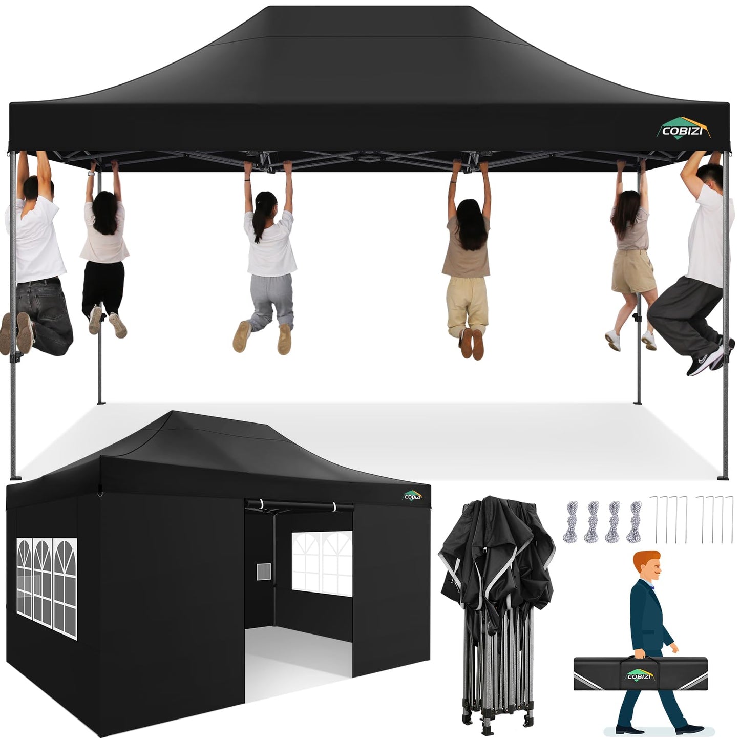 COBIZI Pavillon Faltpavillon 3x3 wasserdicht stabil Winterfest,Outdoor faltbar partyzelt，gartenpavillon mit 4 Seitenteilen und 4 Sandsack und Laufradtasche, Schwarz