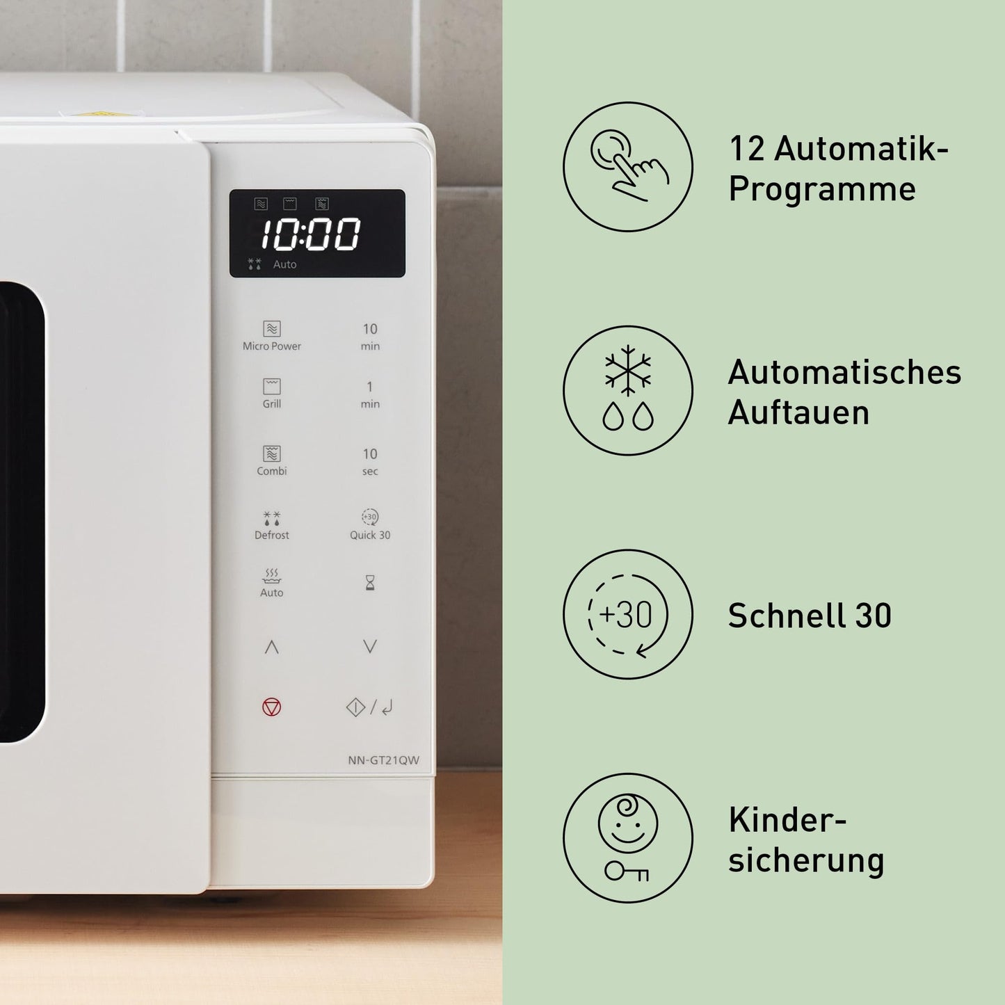 Panasonic NN-ST21QWEPG 20L Solo Microwave with Turntable, 800W, Automatic Defrost, 11 Automatic Programmes, LED Display, 5 Power Levels, Digital Timer, White