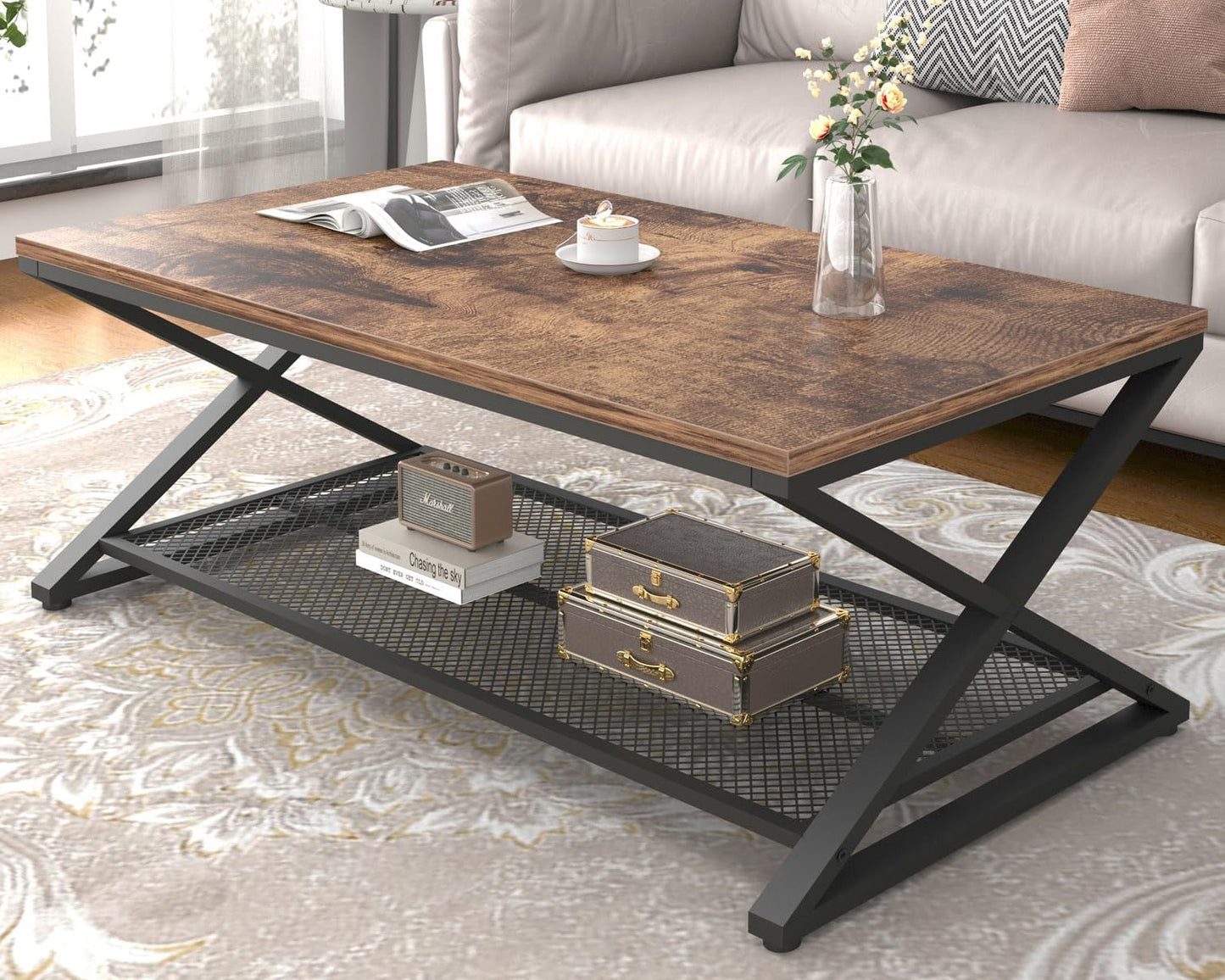 LVB Rectangular Coffee Table, Living Room Table, Sofa Table, Side Table, Wood, Metal, Living Room Furniture, Coffee Table, Vintage Retro Industrial Design, 120 x 60 x 45 cm