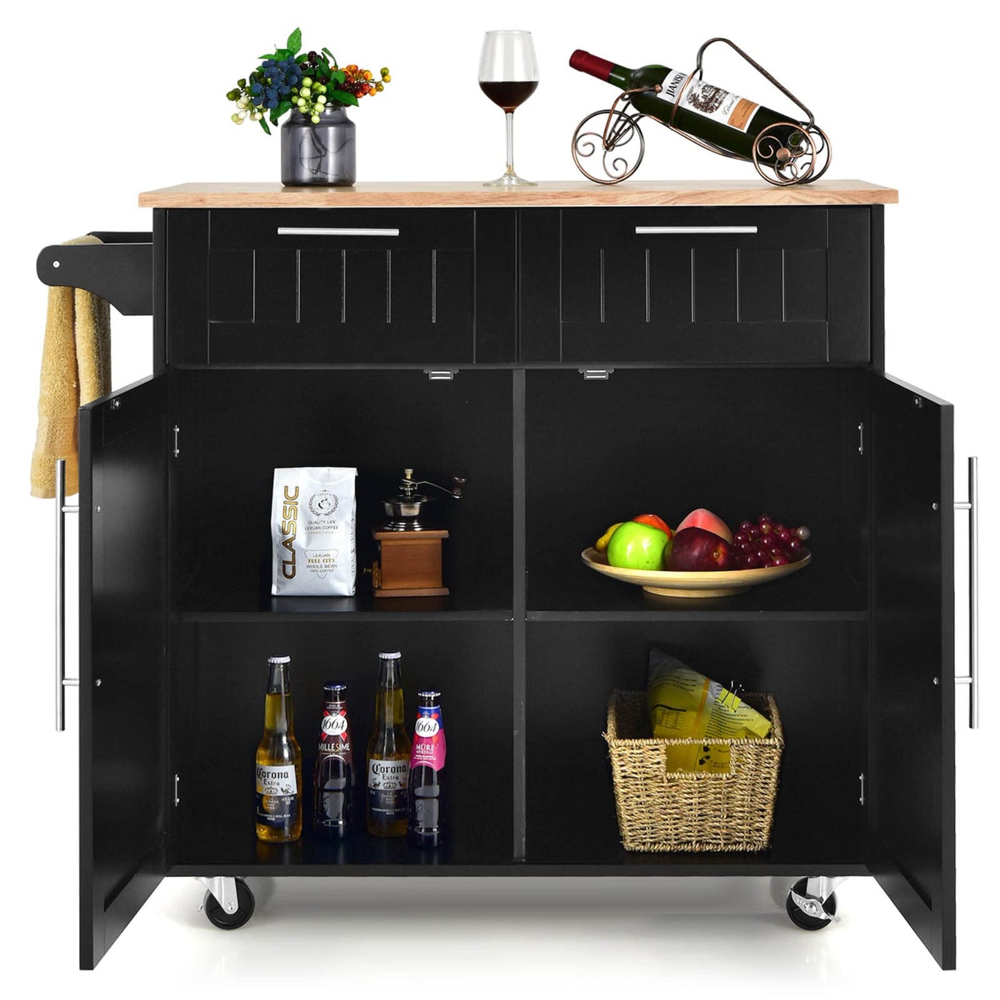 KOMFOTTEU Kitchen Trolley with Worktop, Kitchen Island with Wheels, Serving Trolley with 2 Drawers and Doors, Large Wooden Trolley 94 x 45.5 x 94.5 cm (Black)