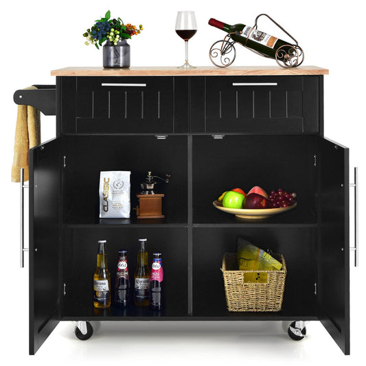 KOMFOTTEU Kitchen Trolley with Worktop, Kitchen Island with Wheels, Serving Trolley with 2 Drawers and Doors, Large Wooden Trolley 94 x 45.5 x 94.5 cm (Black)