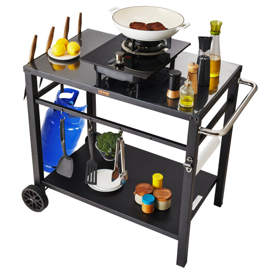 VEVOR Serving Trolley, Kitchen Trolley, 100 x 64 x 83.5 cm, Outdoor Barbecue Dining Trolley with Double Shelf, Movable Grill Table for Preparing Food, Multifunctional Iron Table Top, Black