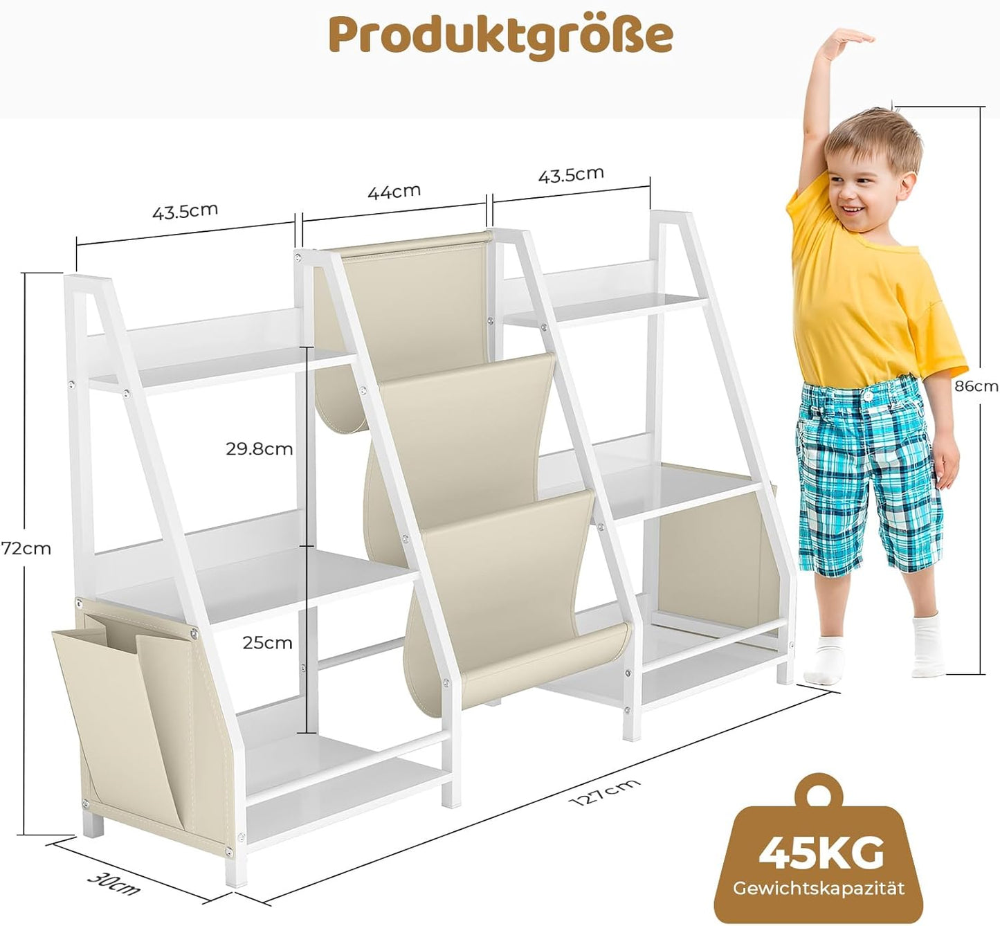 Children's Bookcase with 3 Shelves and 6 Open Compartments, Children's Bookcase for Storing Picture Books and Toys, 127 x 30 x 72 cm, White Children's Room Furniture