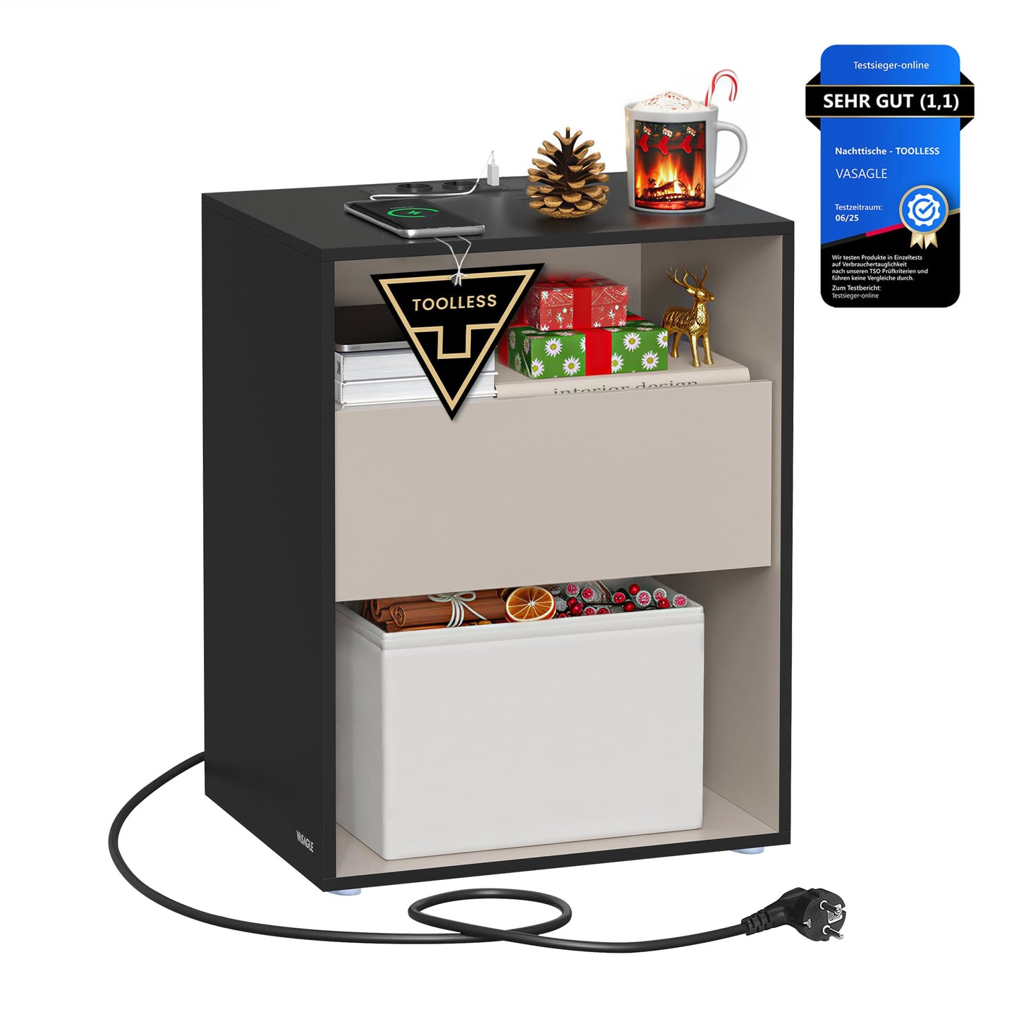 VASAGLE Bedside Table Set of 2, Toolless Technology, Super Fast Tool-Free Assembly, Side Table 3 Drawers, Bedside Cabinet, Bedroom, Living Room, Ink Black/Cappuccino Beige LET779B01