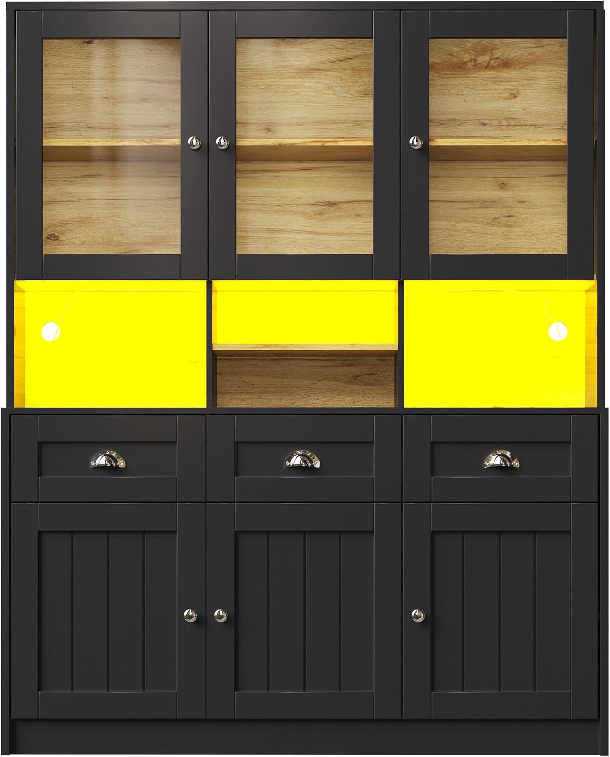 Dolamaní Kitchen Cabinet Buffet Cabinet 140 x 40 x 175 cm with LED More Storage Space for Kitchen, Buffet with Worktop & Adjustable Shelf, Display Cabinet with 3 Drawers with 6 Doors (Black)