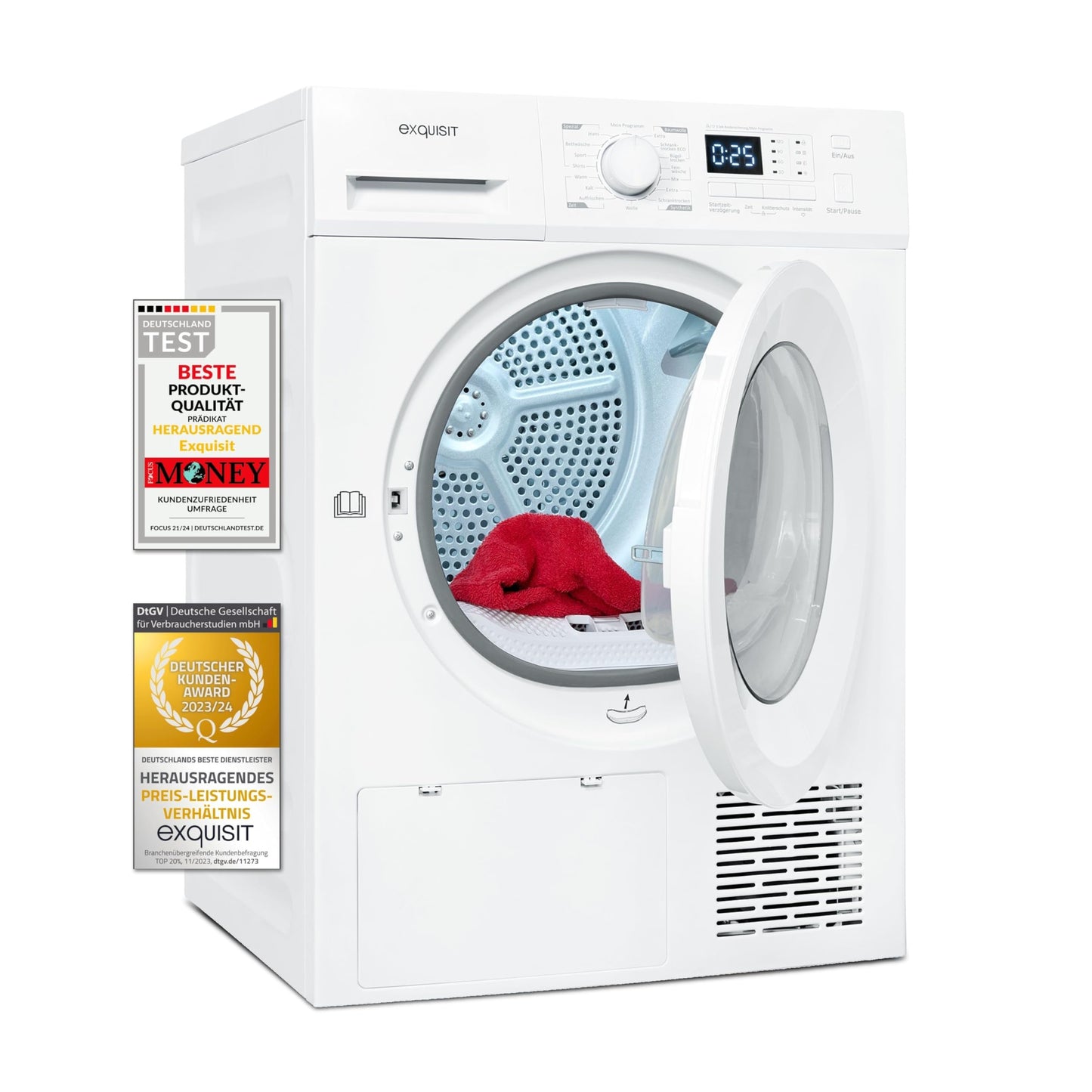 Exquisit Clothes Dryer 7 kg, Dryer, Delay Start, Wrinkle Protection, Exhaust Dryer, 15 Programmes, Child Lock, Energy Class G, TAE70-70 White