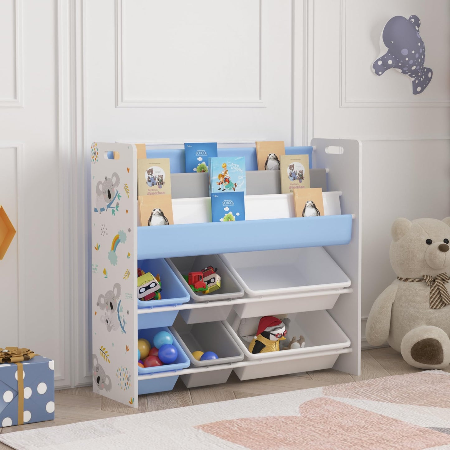 [en.casa] Kinderregal Rødøy Bücherregal für Kinder mit 6 Kisten Spielzeugregal 78 x 86 x 27 cm Spielzeug Aufbewahrung Koala Motiv