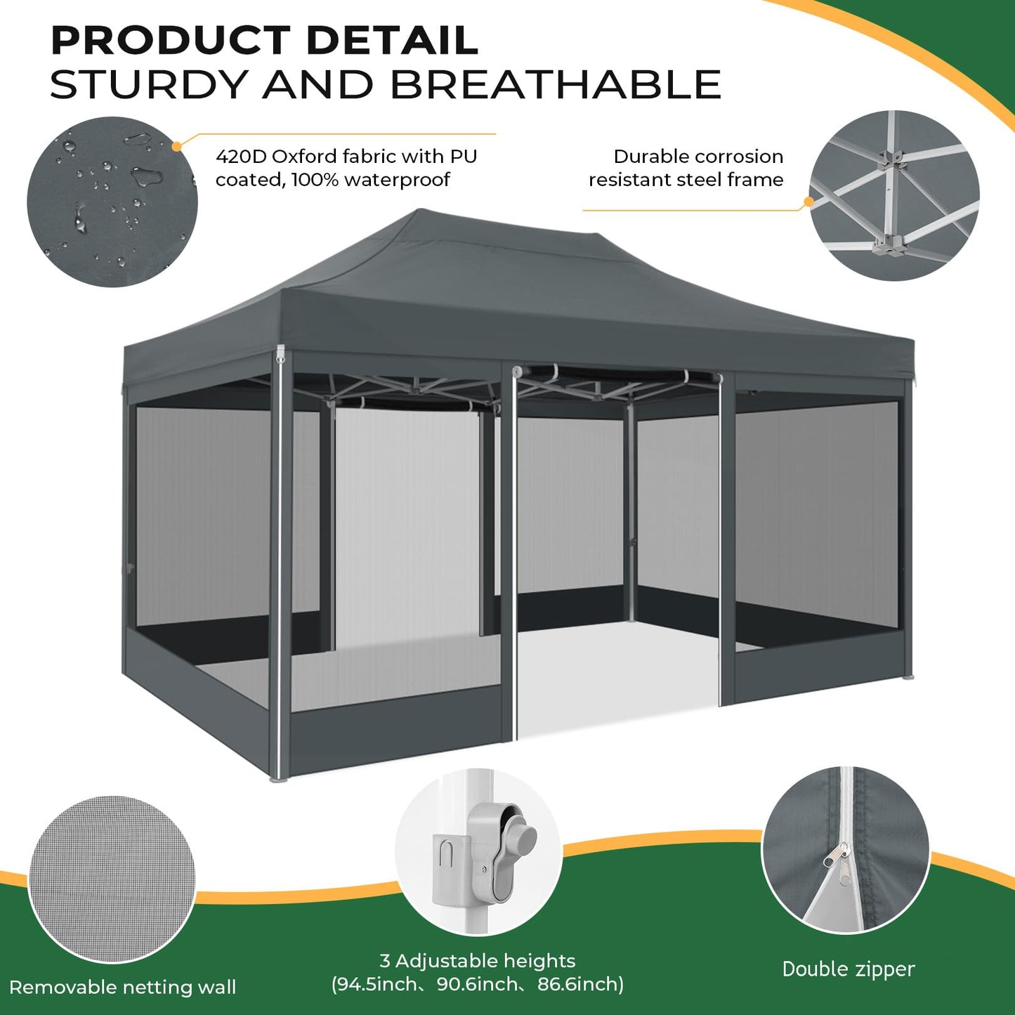 COBIZI Folding Gazebo 3 x 3 m Gazebo 3 x 3 m Waterproof Stable Party Tent Foldable with 4 Side Walls Mosquito Net Pop Up Garden Gazebo Anti-UV for Garden, Grey