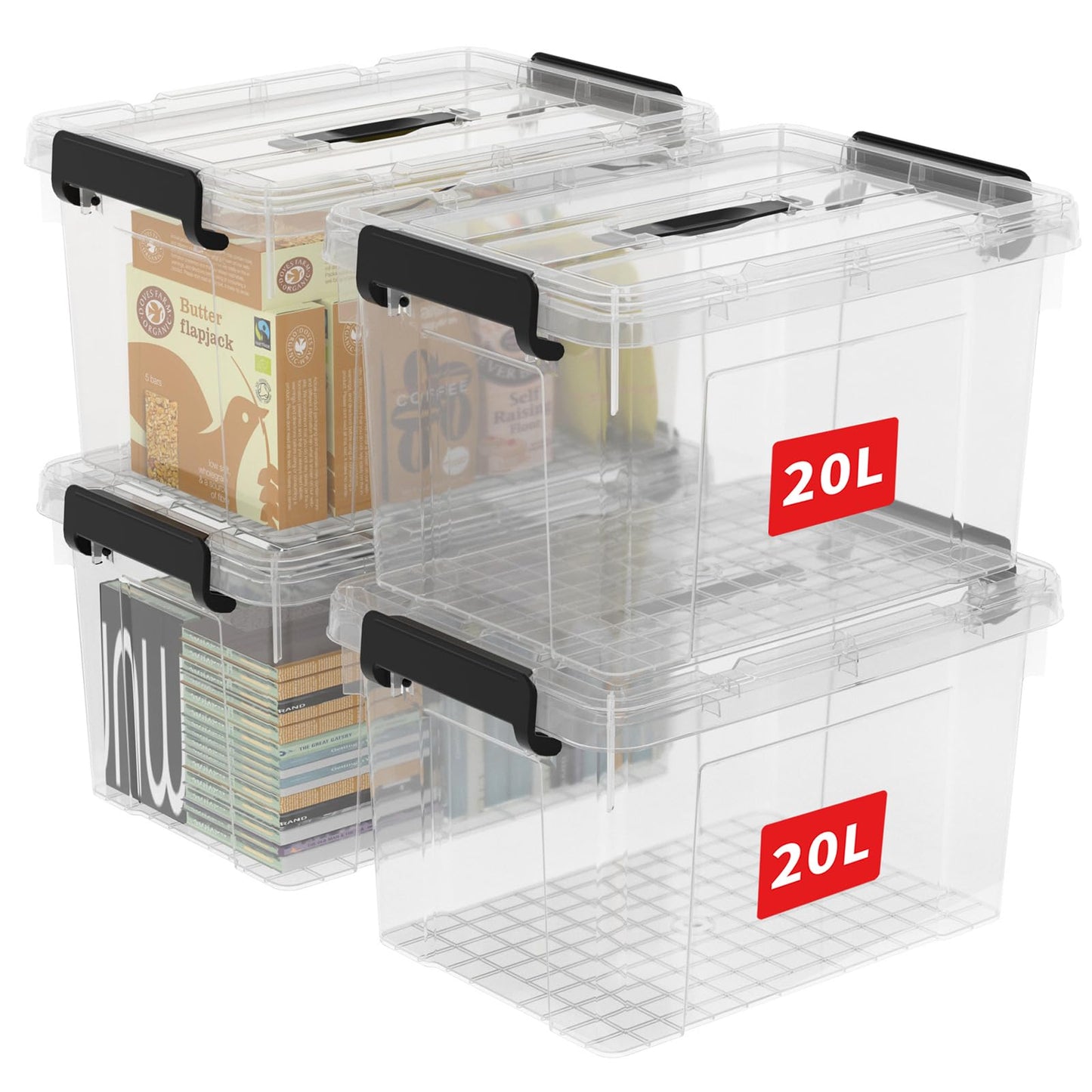 Cetomo 45 L x 3 Storage Boxes, Portable Plastic Boxes with Lids, Organiser Container with Handle and Clips, Stackable, Nestable, for Home and Office, Transparent, 45 L, Pack of 3