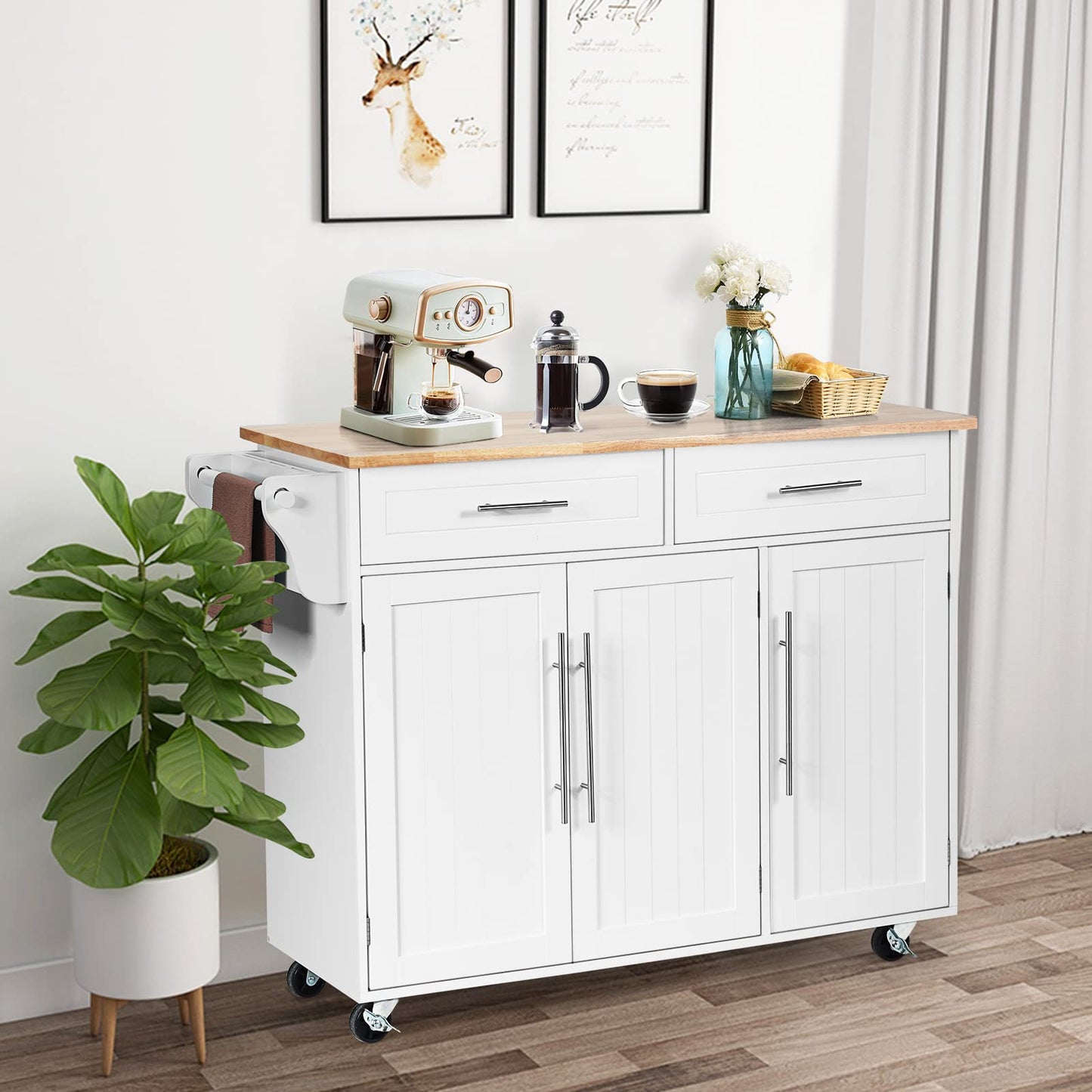 KOMFOTTEU Kitchen Trolley on Wheels, Wooden Serving Trolley with Worktop, Kitchen Island with Drawers, Towel Holder & Adjustable Shelves, Kitchen Cabinet Side Trolley Mobile 122 x 46 x 92 cm (Black)