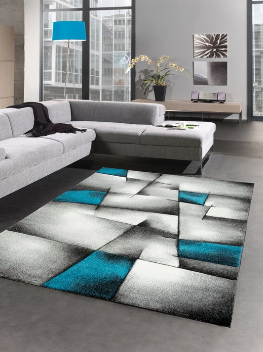 CARPETIA Modern Short Pile Living Room Rug Contour Cut Checked Abstract Grey Black White Turquoise Size 60 x 110 cm