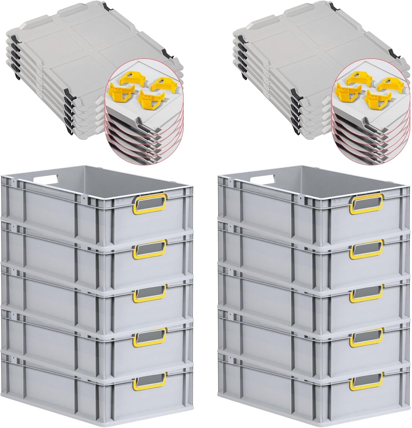 PROREGAL Economy Set of 5 Eurobox NextGen Colour with Lid and Sliding Snap Fasteners, H x W x D 22 x 30 x 40 cm, 20 L, Black, Closed Handles, Euro Container, Transport Box, Transport Container