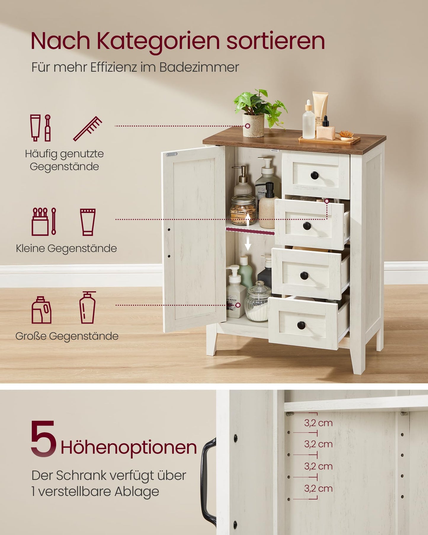 VASAGLE LIRY Kollektion - Aufbewahrungsschrank im Landhausstil, Badschrank mit Türen, freistehende Küchenschrank, verstellbare Ablagen, Esszimmer, Wohnzimmer, vintageweiß BBK773W01