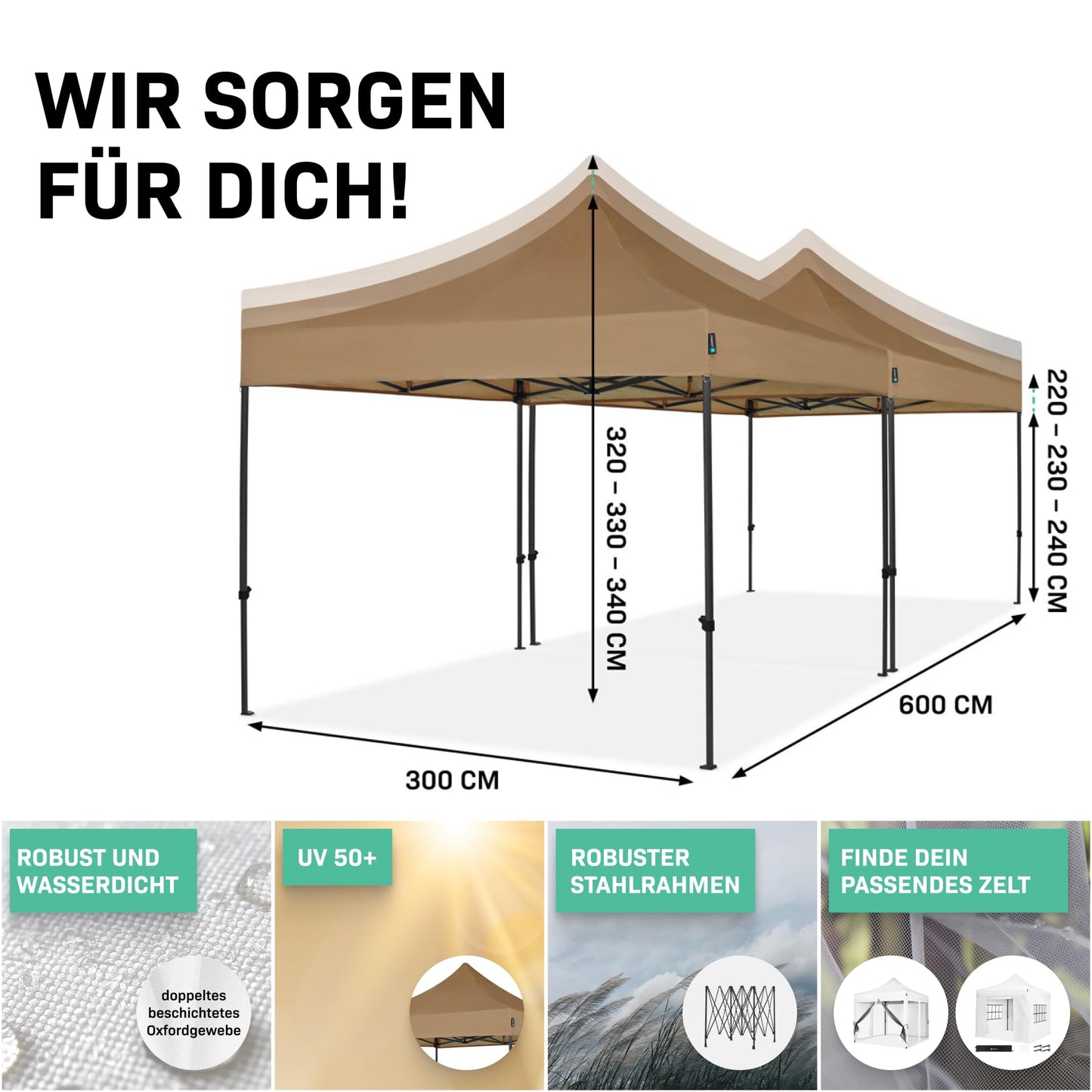 VONROC Gazebo 3 x 3 m Waterproof Stable – Party Tent EasyUp System [3Min Assembly] Pop-up Folding Gazebo Modular Expandable as Festival Tent, Garden Gazebo