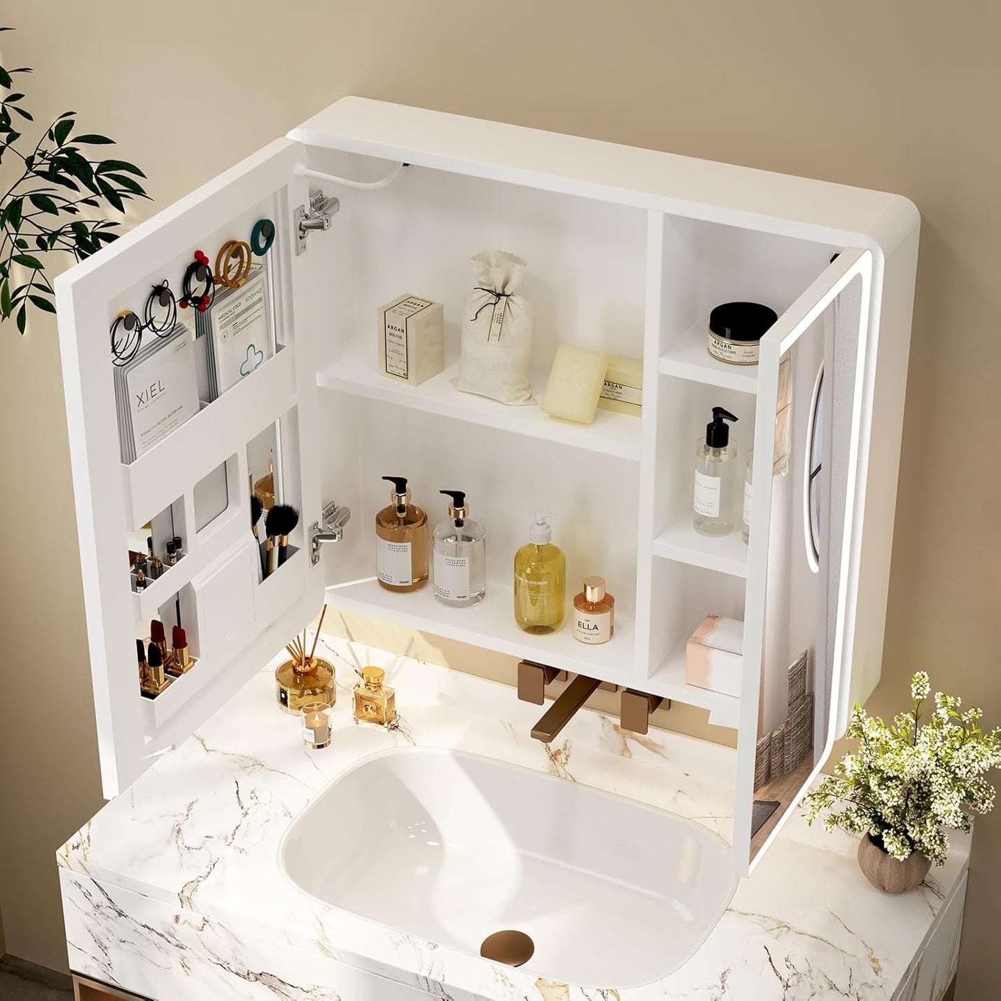 Aovquof Mirror Cabinet with Lighting - 90 x 60 cm Bathroom Mirror Cabinet with Storage Space, Bathroom Mirror Cabinet with Adjustable Dimmable LED Lights with Demist Function, Modern Cream Colour