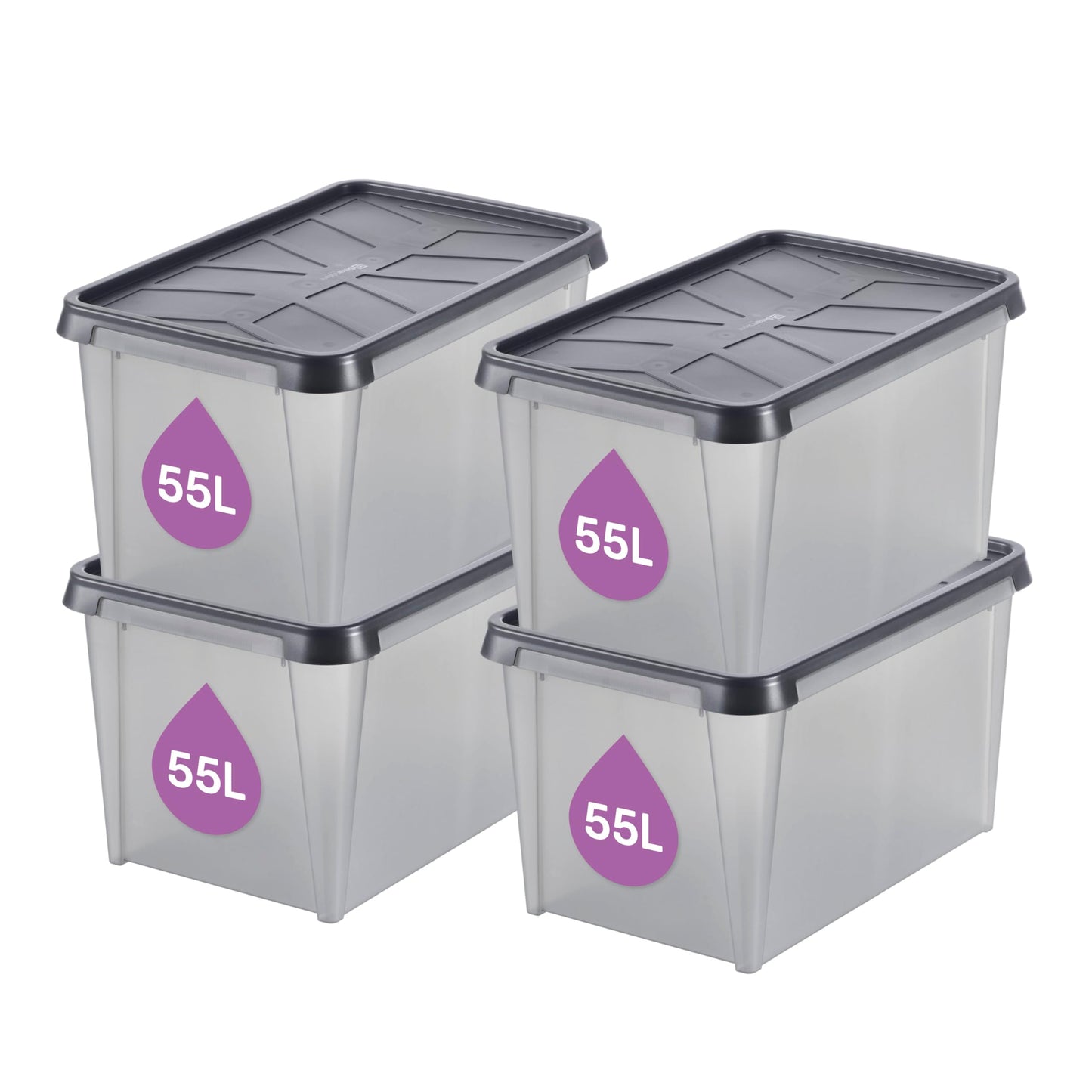 SmartStore Storage Box with Lid 55 L Waterproof Plastic - Set of 4 - Frosted - Nesting & Stackable on Top of Each Other - Food Safe & BPA Free - IP44 - L60 x W40 x H35 cm