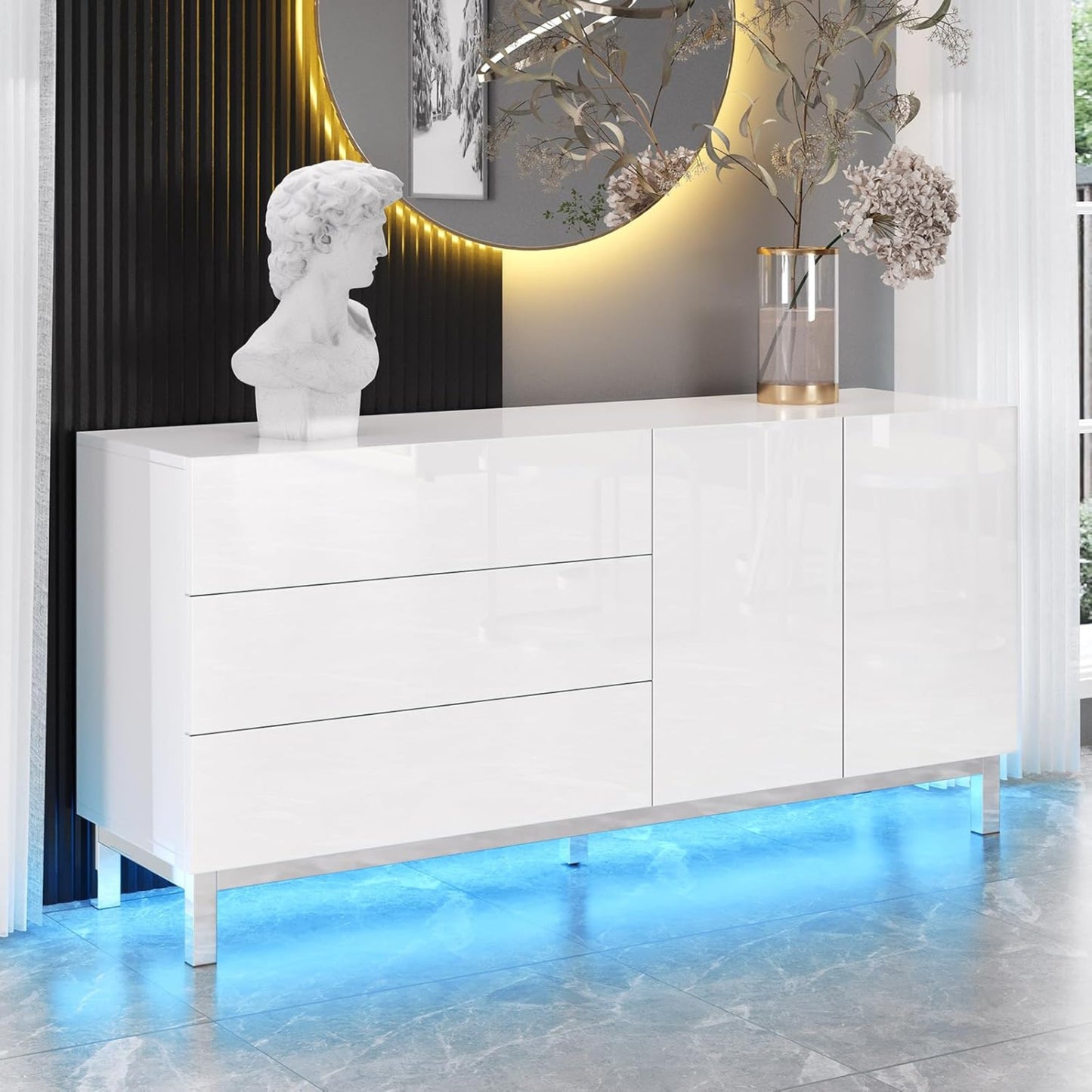 Sideboard High Gloss White with LED, Modern Sideboard with 2 Doors and 3 Drawers, Living Room, Chest of Drawers with Electro-Chromed Accents, 160 x 76 x 40 cm