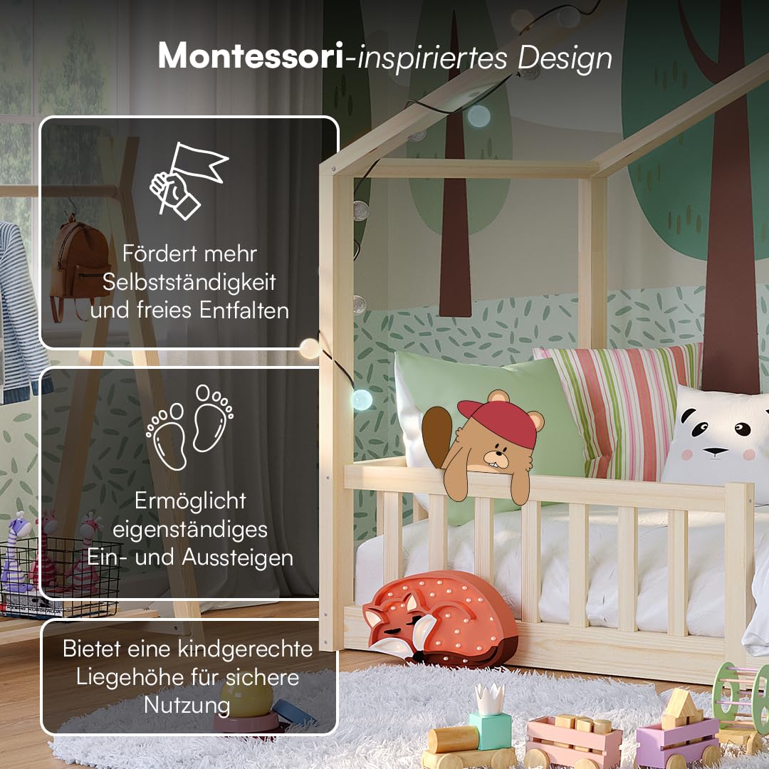 Bellabino Bia Children’s Bed, 90 x 200 cm, Children’s House Bed incl. Fall Protection and Rolled Slatted Frame, Montessori Floor Bed, White, Solid Pine Wood