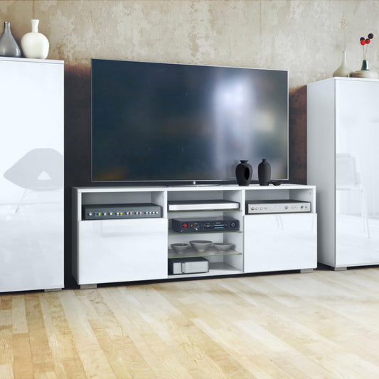 Vladon Davos Wall Unit with 2 Display Cabinets and 1 TV Board, Matte White / High Gloss White (329 x 134 x 35 cm)