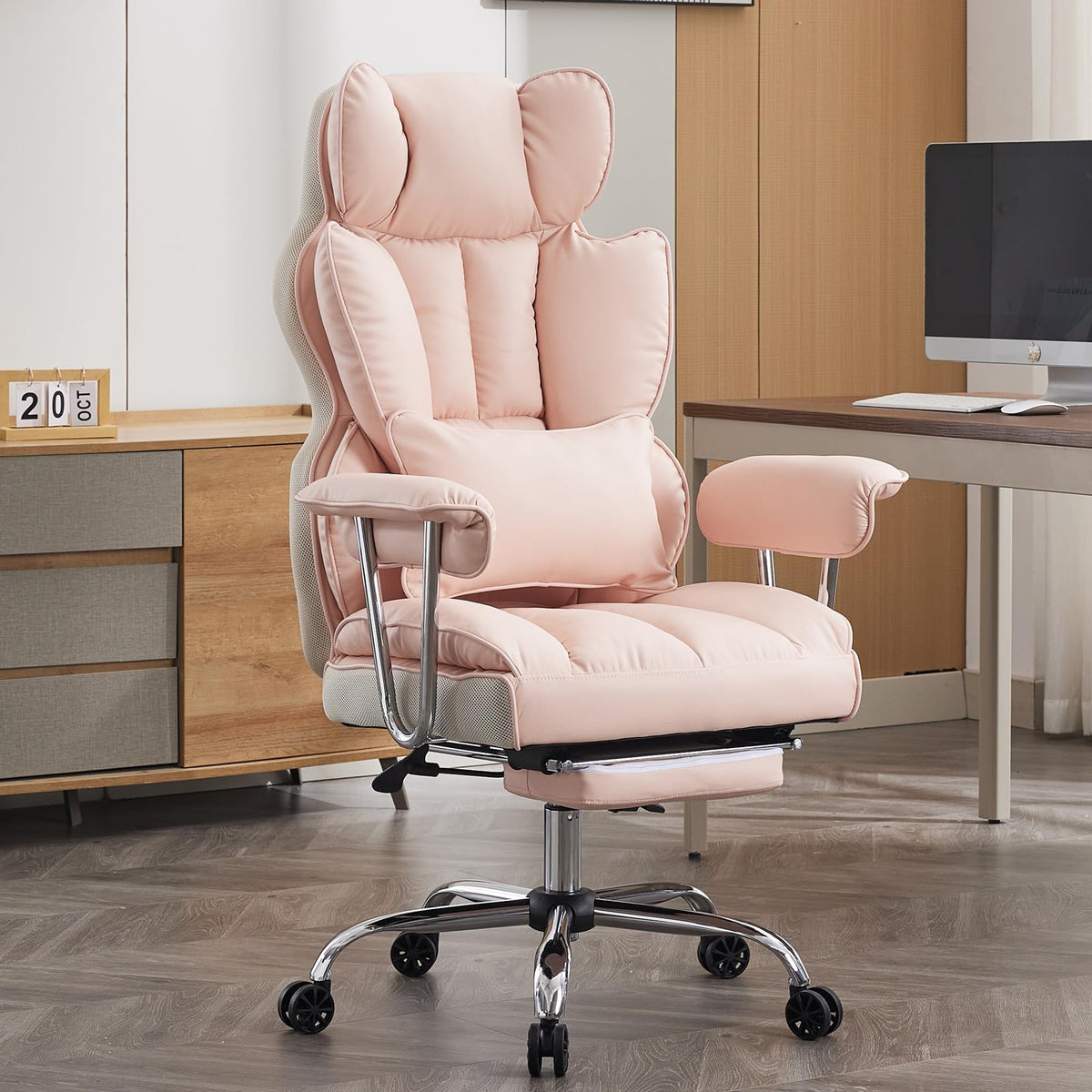 Efomao Ergonomic Office Chair, Polyurethane (PU) Leather Executive Chair, Office Chair 150 kg with Footrest and Lumbar Support, Adjustable Chair with High Backrest, Beige