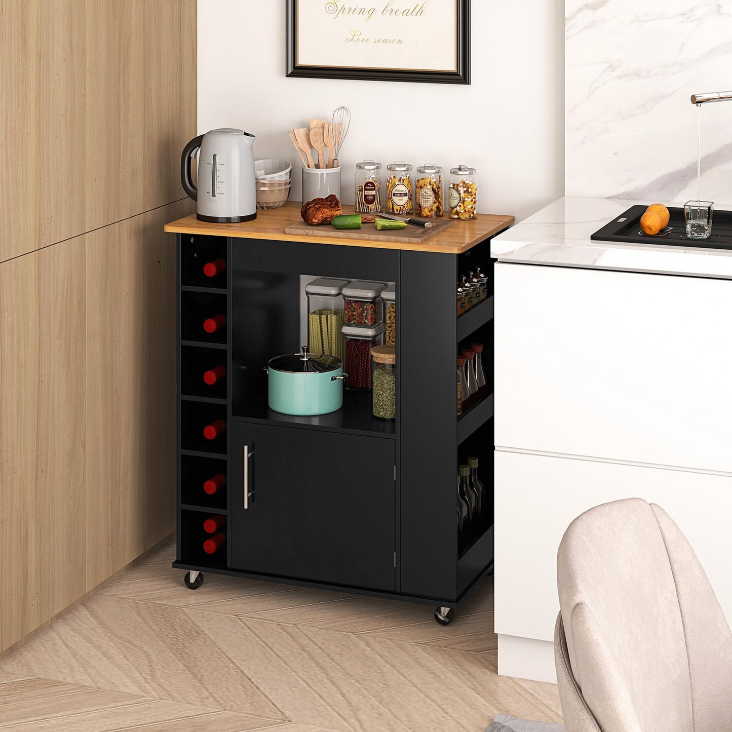 COSTWAY Kitchen Trolley on Wheels, Serving Trolley with Worktop & Towel Holder & Spice Racks, Wine Rack for 6 Bottles, Kitchen Island Wood, Kitchen Cabinet Rollable, for Kitchen, Dining Room, Bar