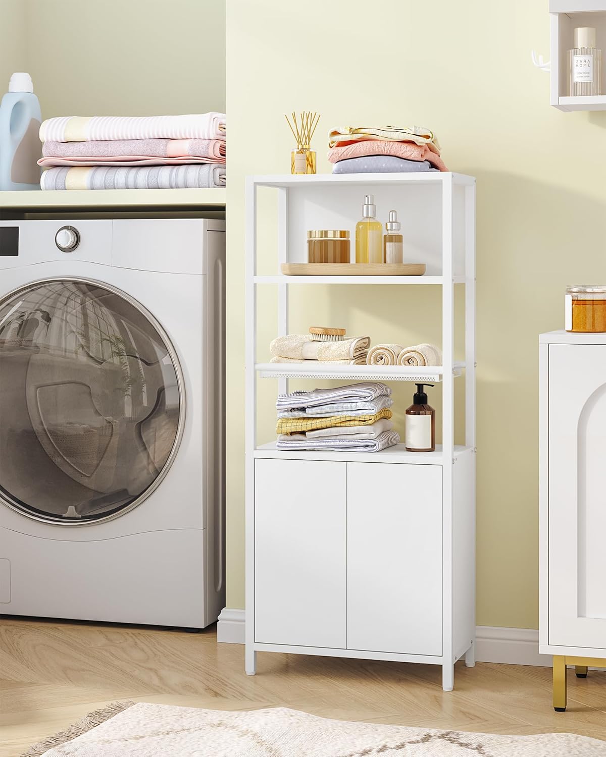 Hzuaneri BC42903W Bathroom Cabinet with 2 Doors & Open Shelf, Kitchen Cabinet, Ventilated Metal Mesh Shelf, Adjustable Shelf, for Bathroom, Living Room, 20 x 38 x 90 cm, White