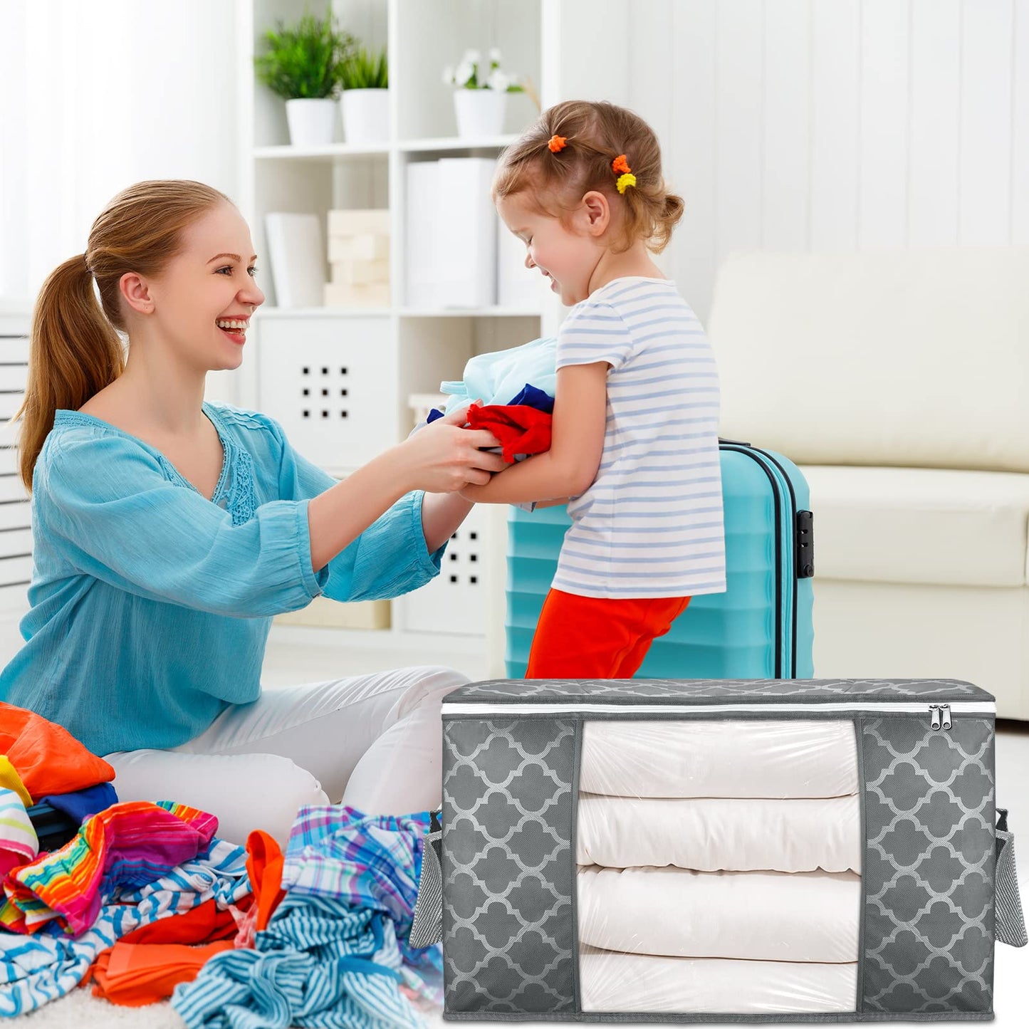 Budding Joy Pack of 6 90 L Storage Bags, Storage Boxes with Lid, Large, Clothes Storage, Moving Boxes, Foldable Underbed Wardrobe for Clothes, Duvets and Bedding, Grey