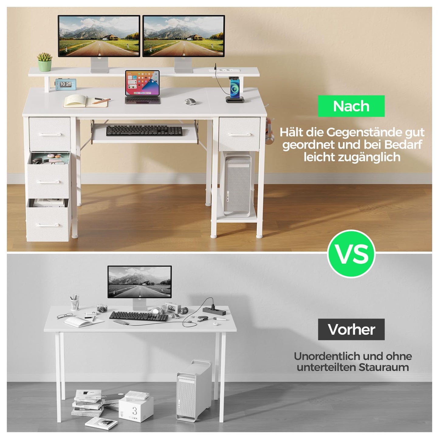 Rolanstar Desk with Drawers, 120 x 47 cm Gaming Table with Socket, LED & Monitor Stand, Computer Desk with Keyboard Tray, Gaming Desk for Home Office, Office, Living Room, White