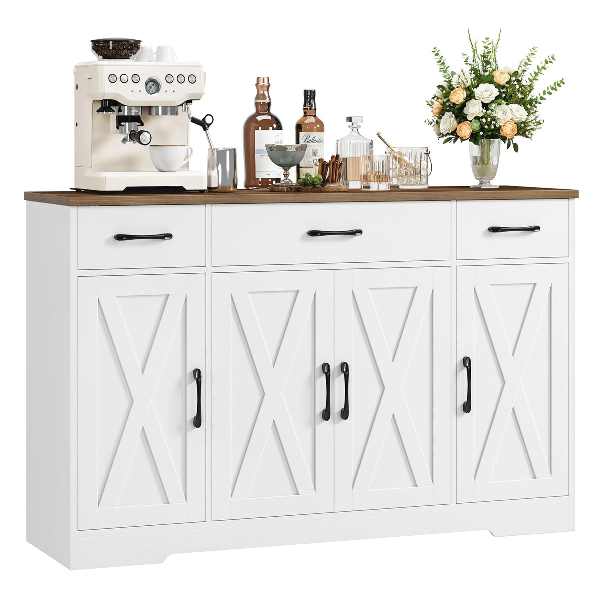 HOCSOK Sideboard, 140 cm Wide Kitchen Cabinet with 2 Adjustable Shelves, Buffet Cabinet with 3 Drawers 4 Doors, Kitchen Buffet for Living Room, Kitchen, Hallway, White & Brown