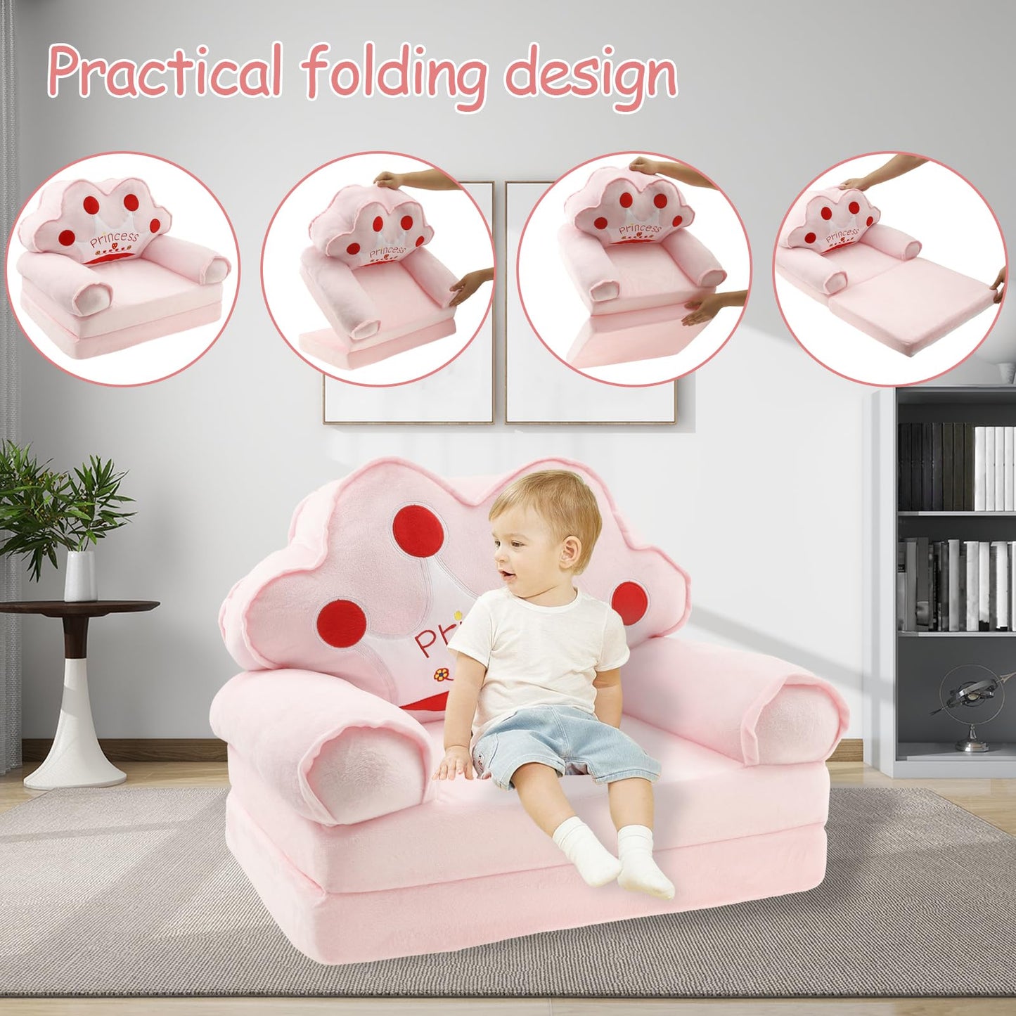 TNTGMG Children's Sofa, 2-in-1 Soft Toddler Chairs with Handle, 80 x 50 cm, Foldable Baby Lounge Chair, Convertible Play Sofa to Deck Chair for 1 to 4 Years Old Girls and Boys Playroom (Pink Crown)