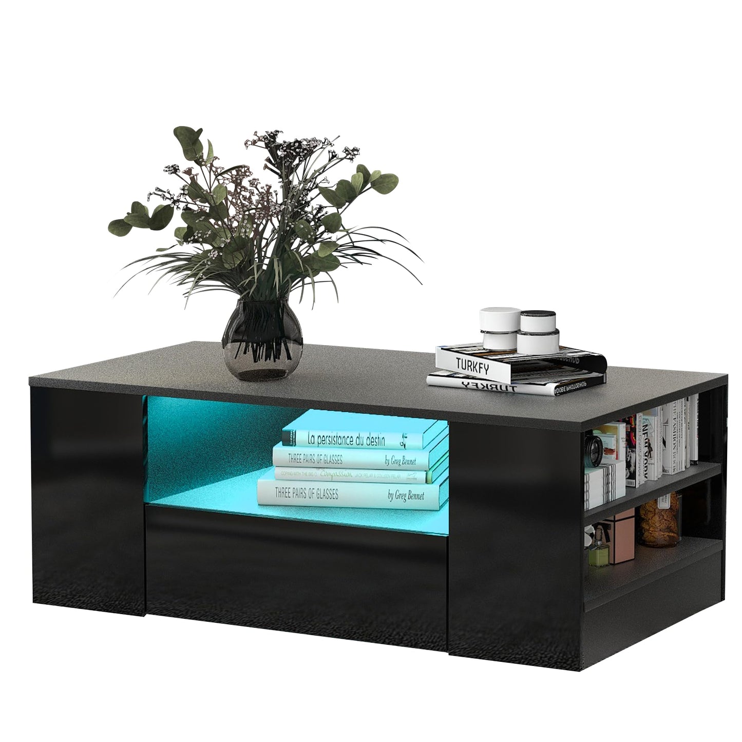Merax High Gloss Coffee Table with LED, Modern Living Room Table with Storage Drawers, Multifunctional Side Table for Living Room, Rectangular Centre Table, Sofa Table, Coffee Table, Office, Black