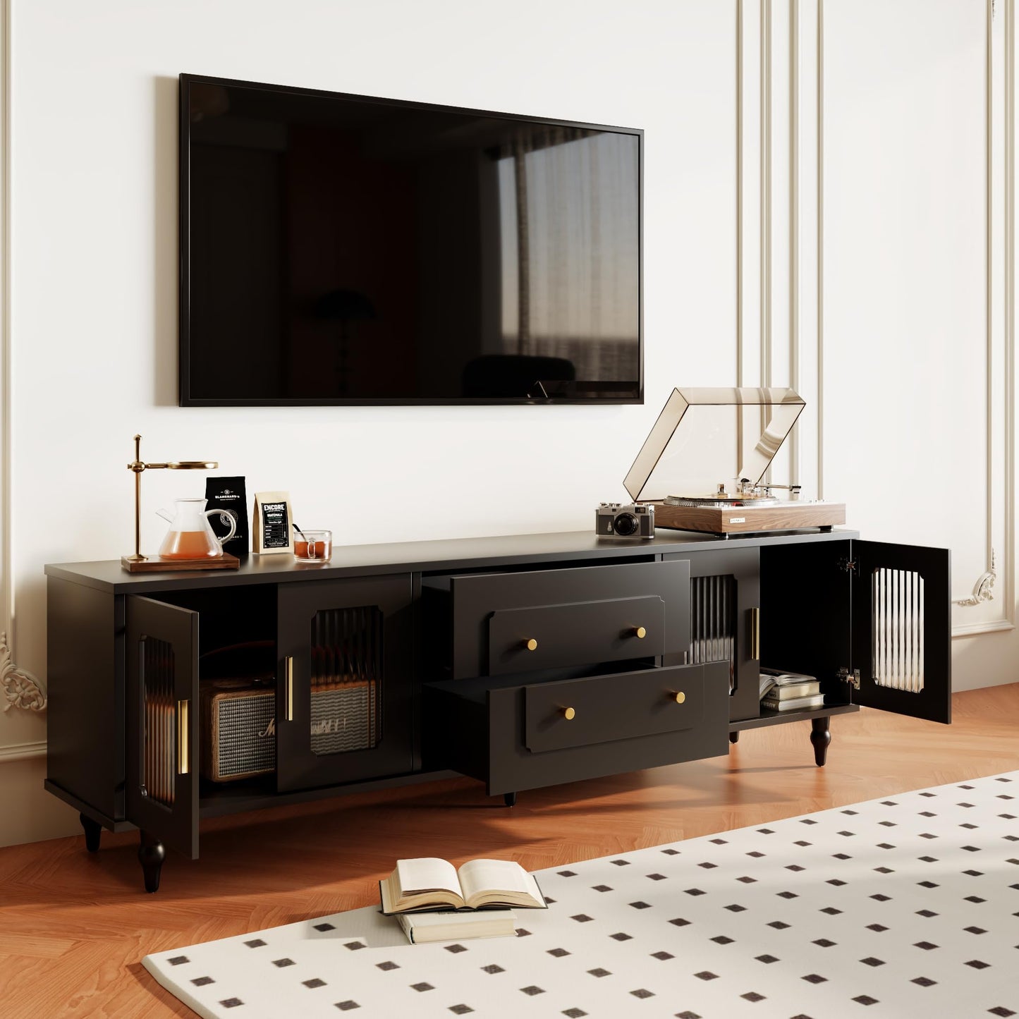 170 cm TV Cabinet with Textured Doors, TV Board with 4 Drawers, TV Cabinet with Oven Compartments, TV Cabinet for Living Room, TV Lowboard, Golden Handles and Feet, White