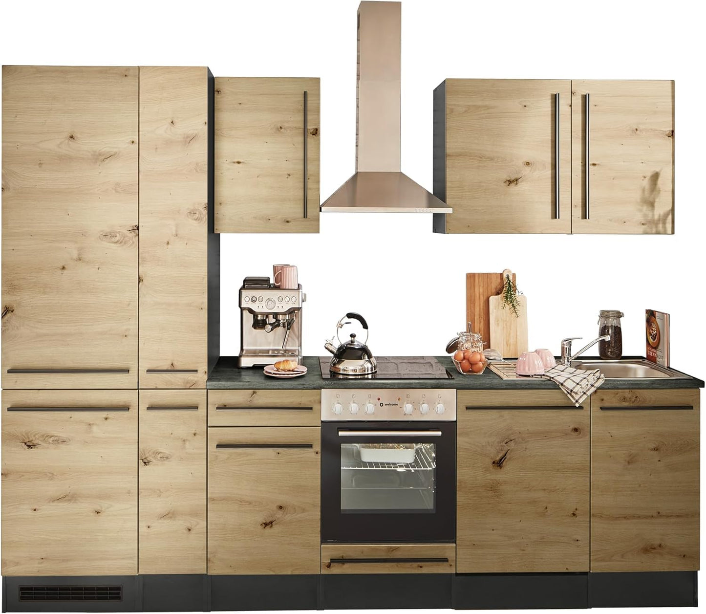 Jazz 8 Modern Kitchen Unit without Electrical Appliances in Anthracite, Artisan Oak Look, Spacious Fitted Kitchen with Lots of Storage Space, 220 x 211 x 60 cm (W x H x D)