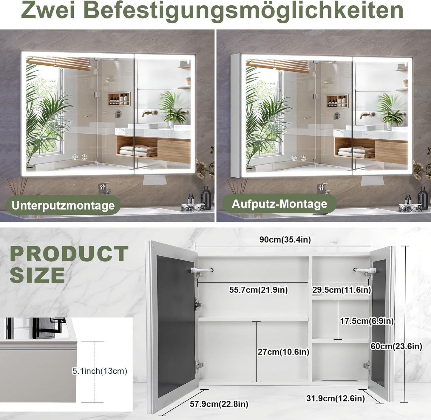 Aovquof Mirror Cabinet with Lighting - 90 x 60 cm Bathroom Mirror Cabinet with Storage Space, Bathroom Mirror Cabinet with Adjustable Dimmable LED Lights with Demist Function, Modern Cream Colour