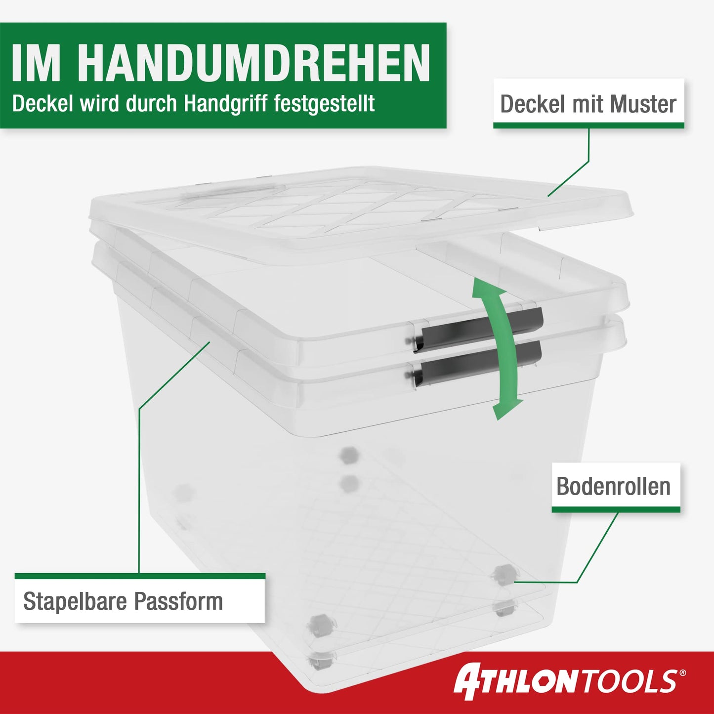 ATHLON TOOLS 4 x 60 L Storage Boxes with Lid, Food-Safe, Locking Clips, 100% New Material Plastic Box, Transparent, Clothes Boxes, Stackable