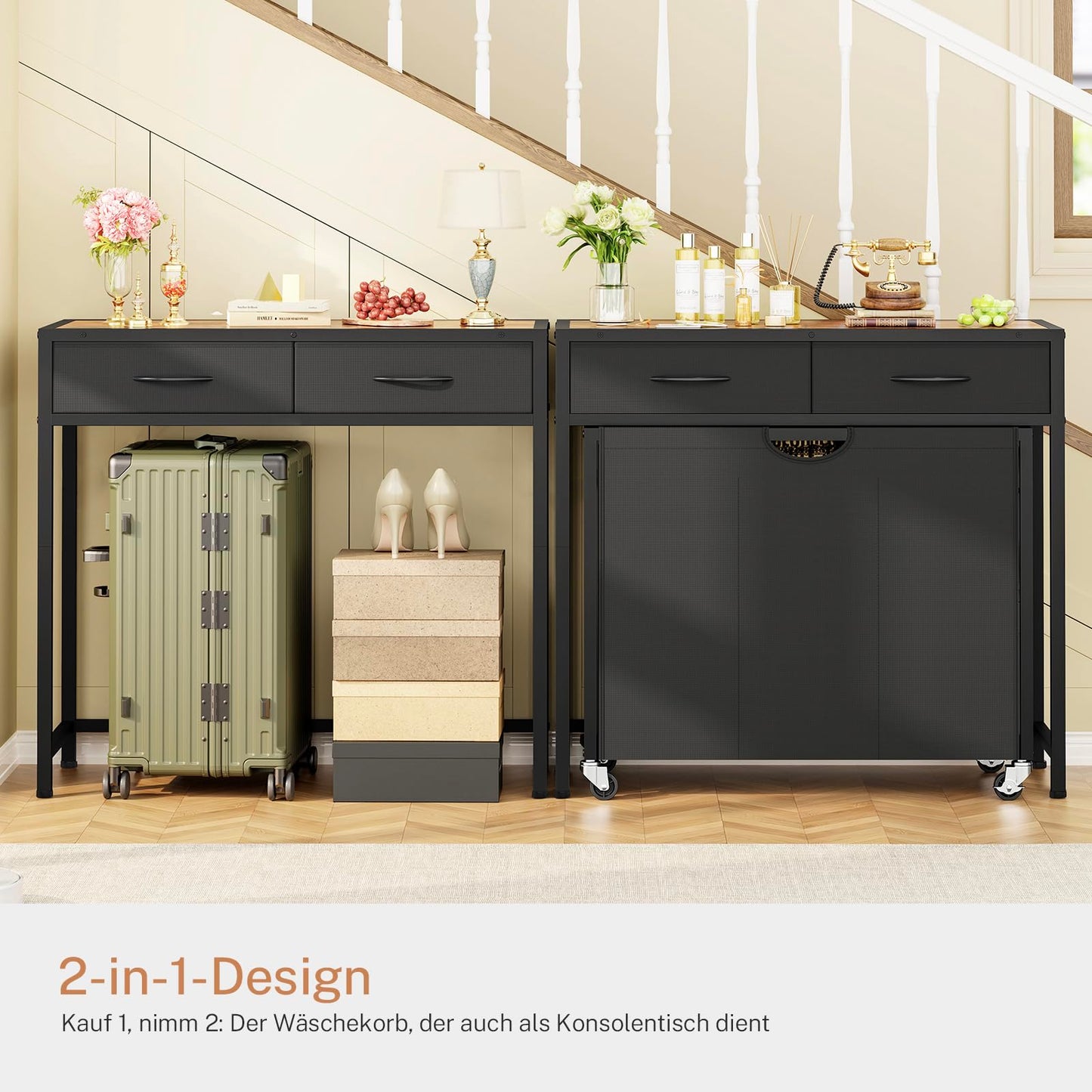 FIONESO Laundry Basket 3 Compartments, 120 L Laundry Hamper with 2 Drawers, Laundry Basket with Wheels & Two-Tone Top Plate, Laundry Trolley for Laundry Room, Bathroom, Entrance Area - 80 x 32 x 76.5