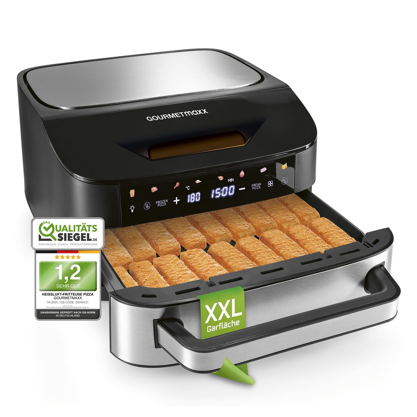 GOURMETmaxx Digitale Heißluftfritteuse 12 L, XXL-Edelstahl-Ofen | Airfryer + Timer, Touchdisplay, Drehspieß | fettarm, energiesparend frittieren | 10 Programme inkl. Pizza | 1800 W