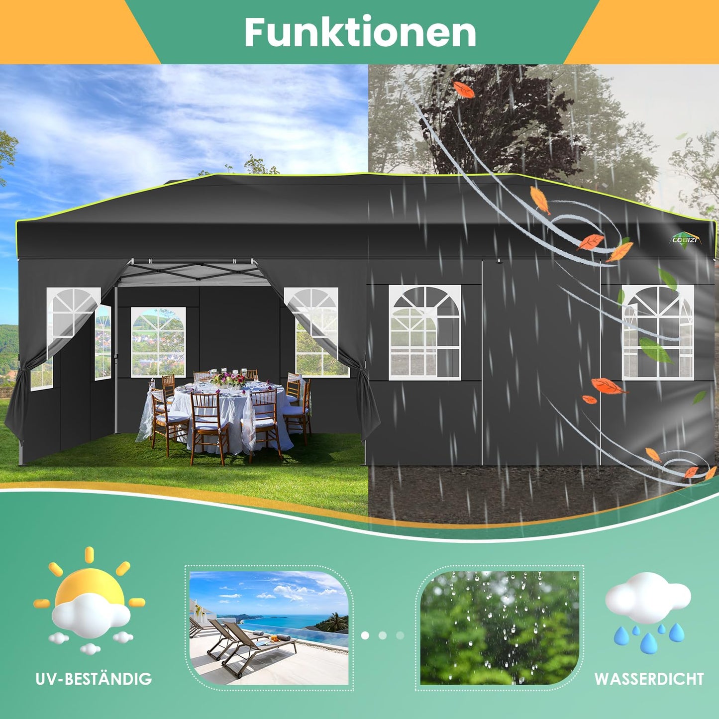 COBIZI Faltpavillon 3x6 Pavillon wasserdicht Winterfest, Ein-Tasten-Zentralverriegelung Partyzelt Faltbar Anti-UV mit 6 Seitenwänden, Gartenpavillon mit Leuchtstreifen für Hochzeiten, Freien, Garten