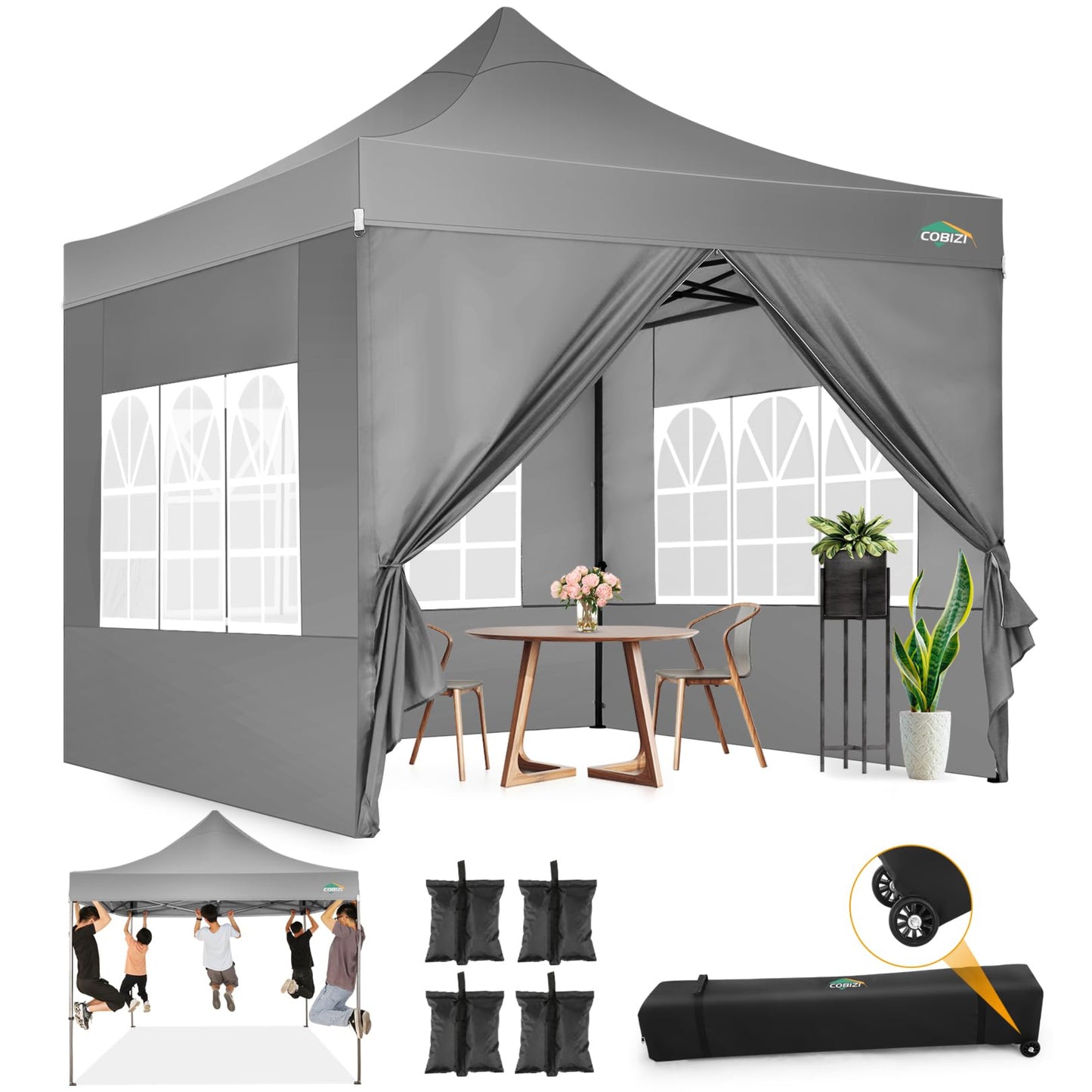 COBIZI Pavillon Faltpavillon 3x3 wasserdicht stabil Winterfest,Outdoor faltbar partyzelt，gartenpavillon mit 4 Seitenteilen und 4 Sandsack und Laufradtasche, Schwarz
