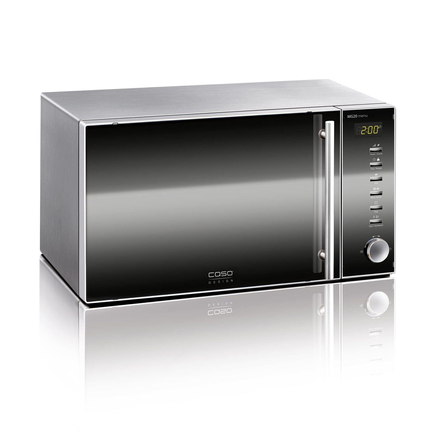 Caso MG20 menu 2-in-1 Microwave with Grill 800 W, Grill 1000 W, 2 Combination Programmes + 14 Cooking Programmes, Design Stainless Steel and Mirrored, 20 L, Stainless Steel