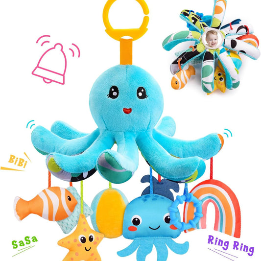 HappyKidsClub Plush Octopus Baby Toy 0-18 Months - with 8 Hanging Sensory Toys & Mirror - Baby Montessori Motor Skills Toy for Pram, Cot (Washable, Organic Cotton)